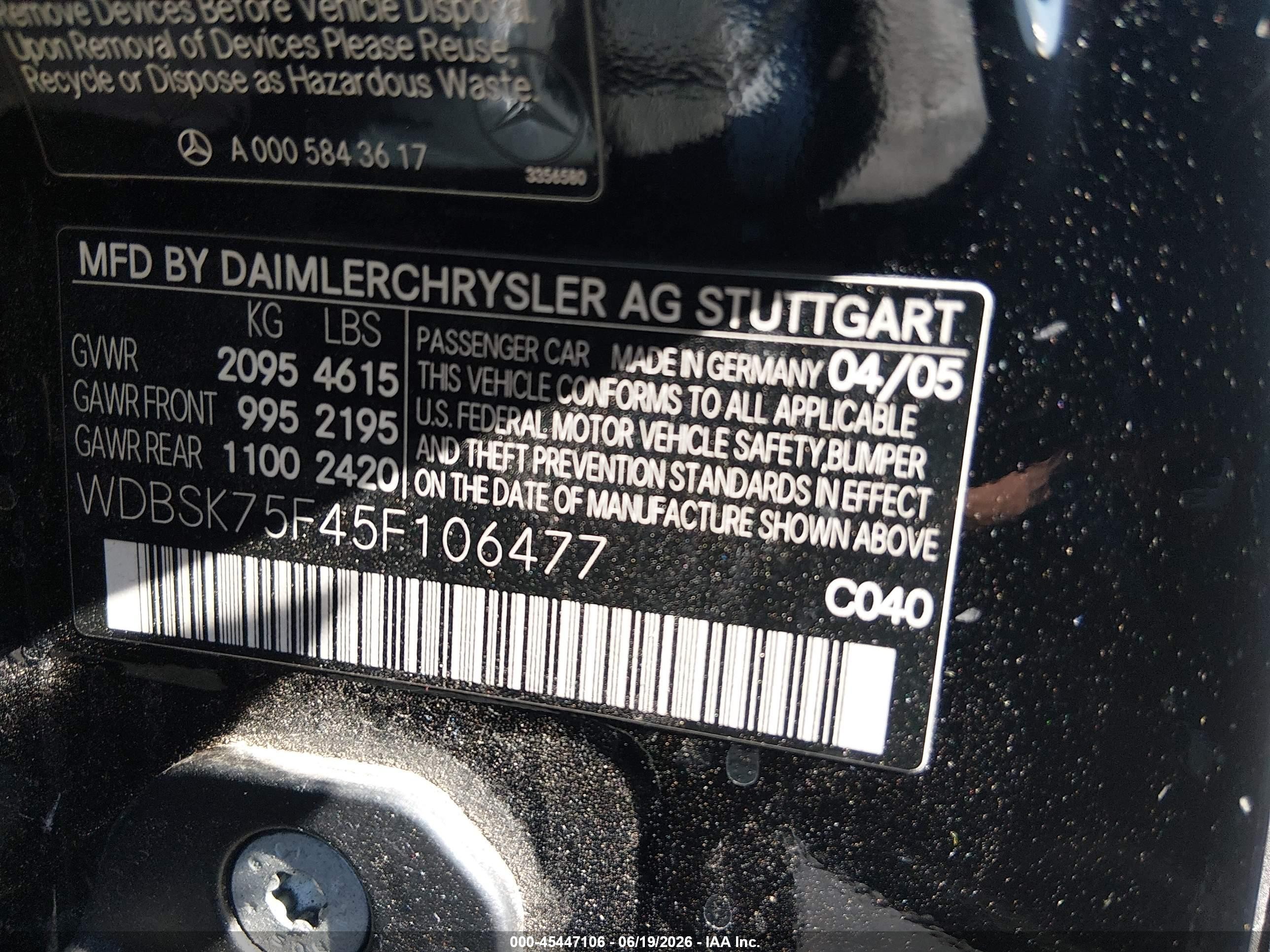 2005 Mercedes-benz Sl 500   Black vin: WDBSK75F45F106477