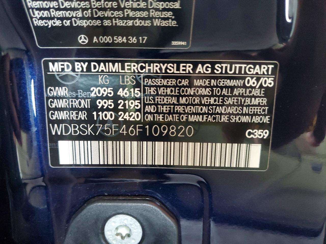 2006 Mercedes-benz Sl 500 Blue vin: WDBSK75F46F109820