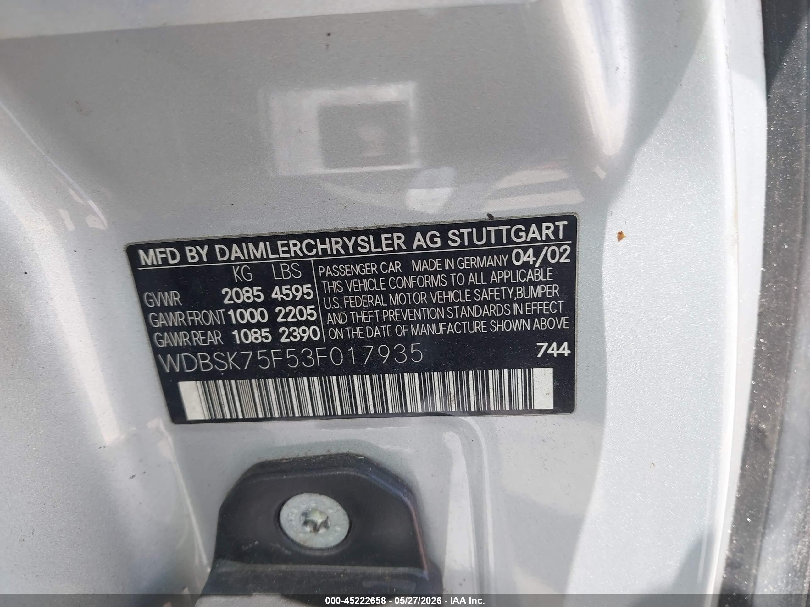 2003 Mercedes-benz Sl 500   Silver vin: WDBSK75F53F017935