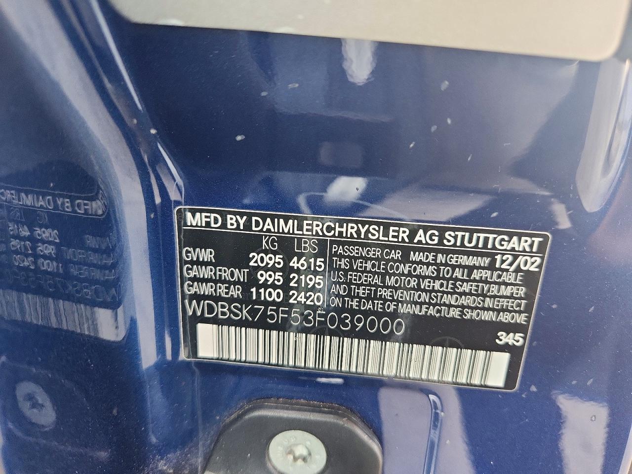 2003 Mercedes-benz Sl 500r Blue vin: WDBSK75F53F039000