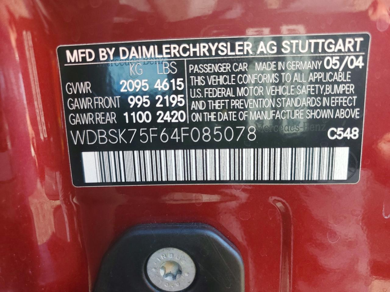 2004 Mercedes-benz Sl 500 Red vin: WDBSK75F64F085078