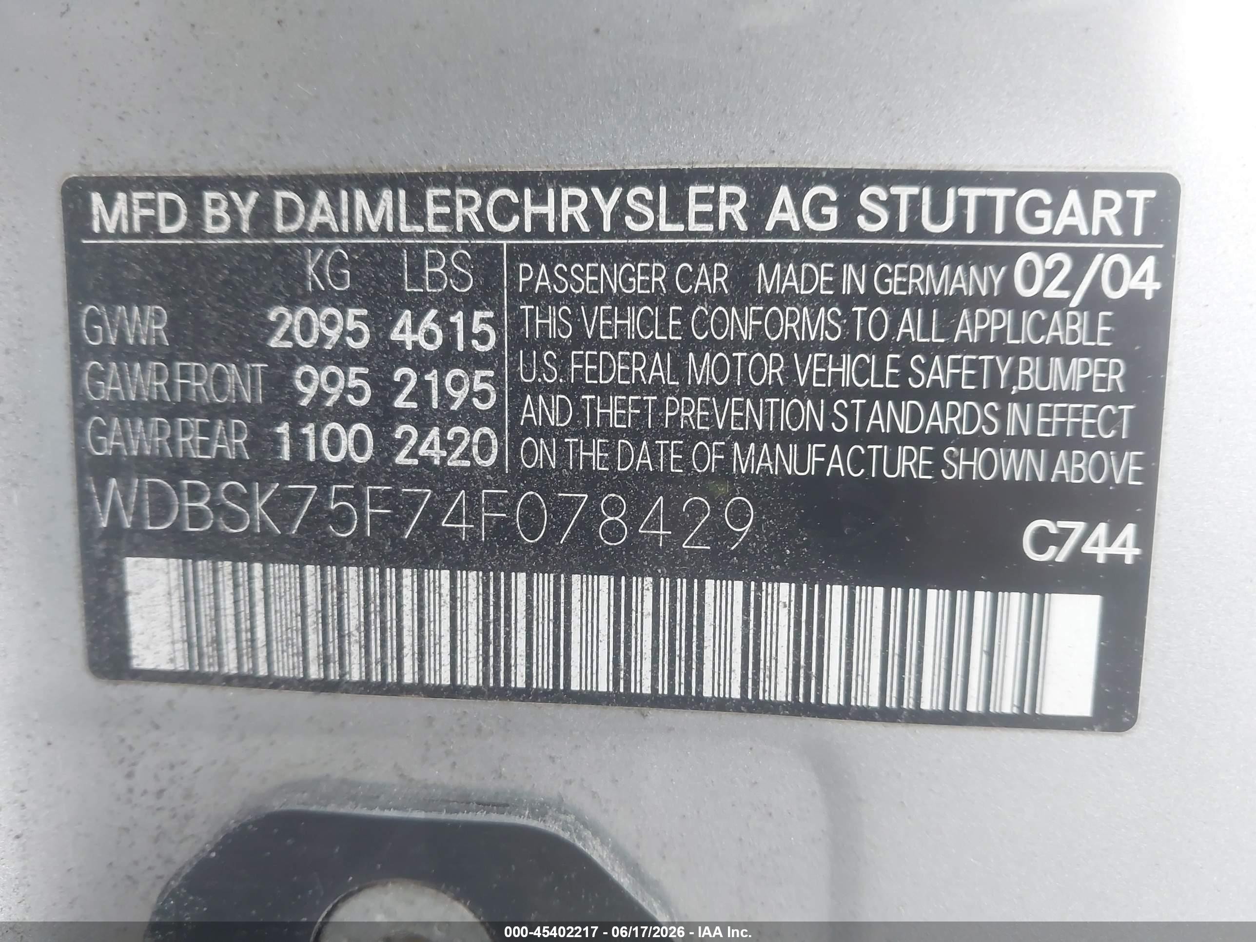 2004 Mercedes-benz Sl 500   Silver vin: WDBSK75F74F078429
