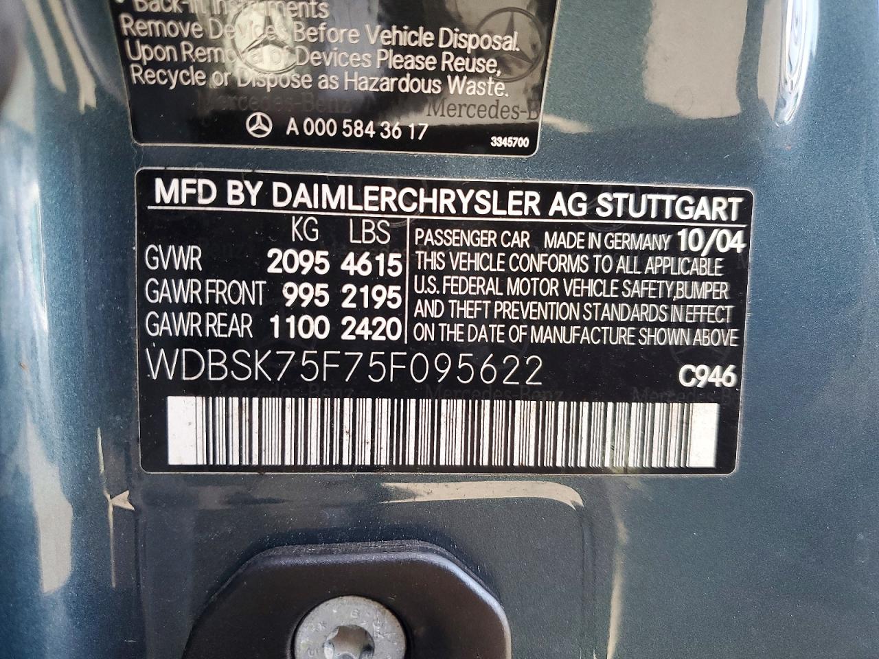 2005 Mercedes-benz Sl 500 Teal vin: WDBSK75F75F095622