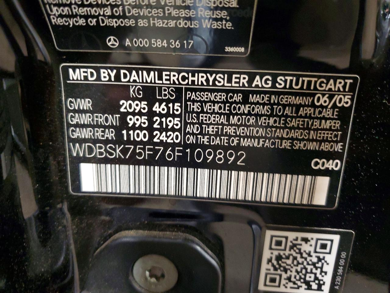 2006 Mercedes-benz Sl 500 Black vin: WDBSK75F76F109892