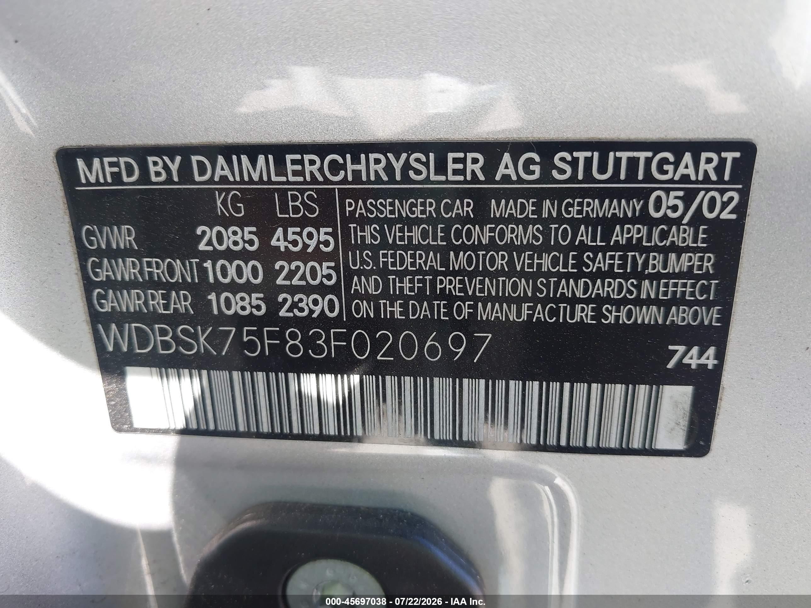 2003 Mercedes-benz Sl 500   Silver vin: WDBSK75F83F020697