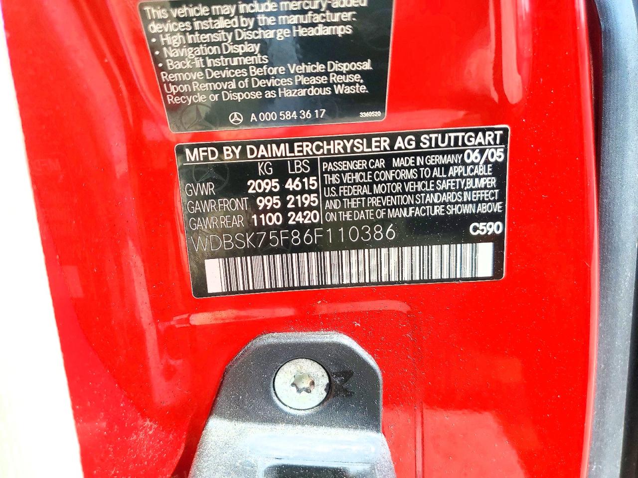 2006 Mercedes-benz Sl 500 Red vin: WDBSK75F86F110386
