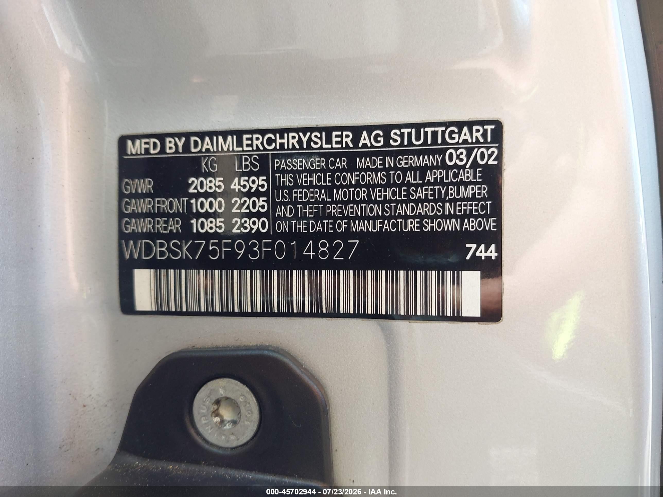 2003 Mercedes-benz Sl 500   Серебряный vin: WDBSK75F93F014827
