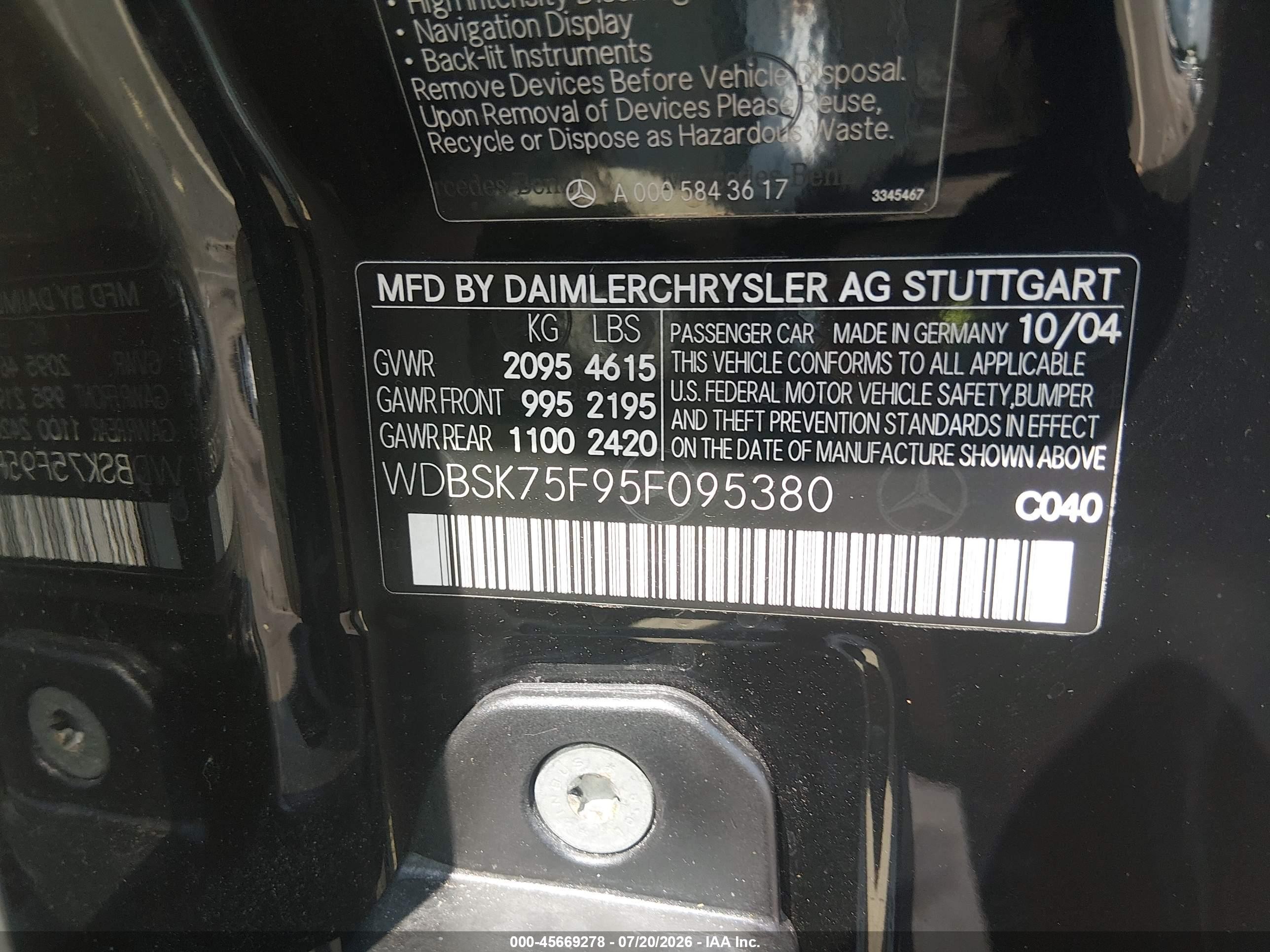 2005 Mercedes-benz Sl 500 Black vin: WDBSK75F95F095380