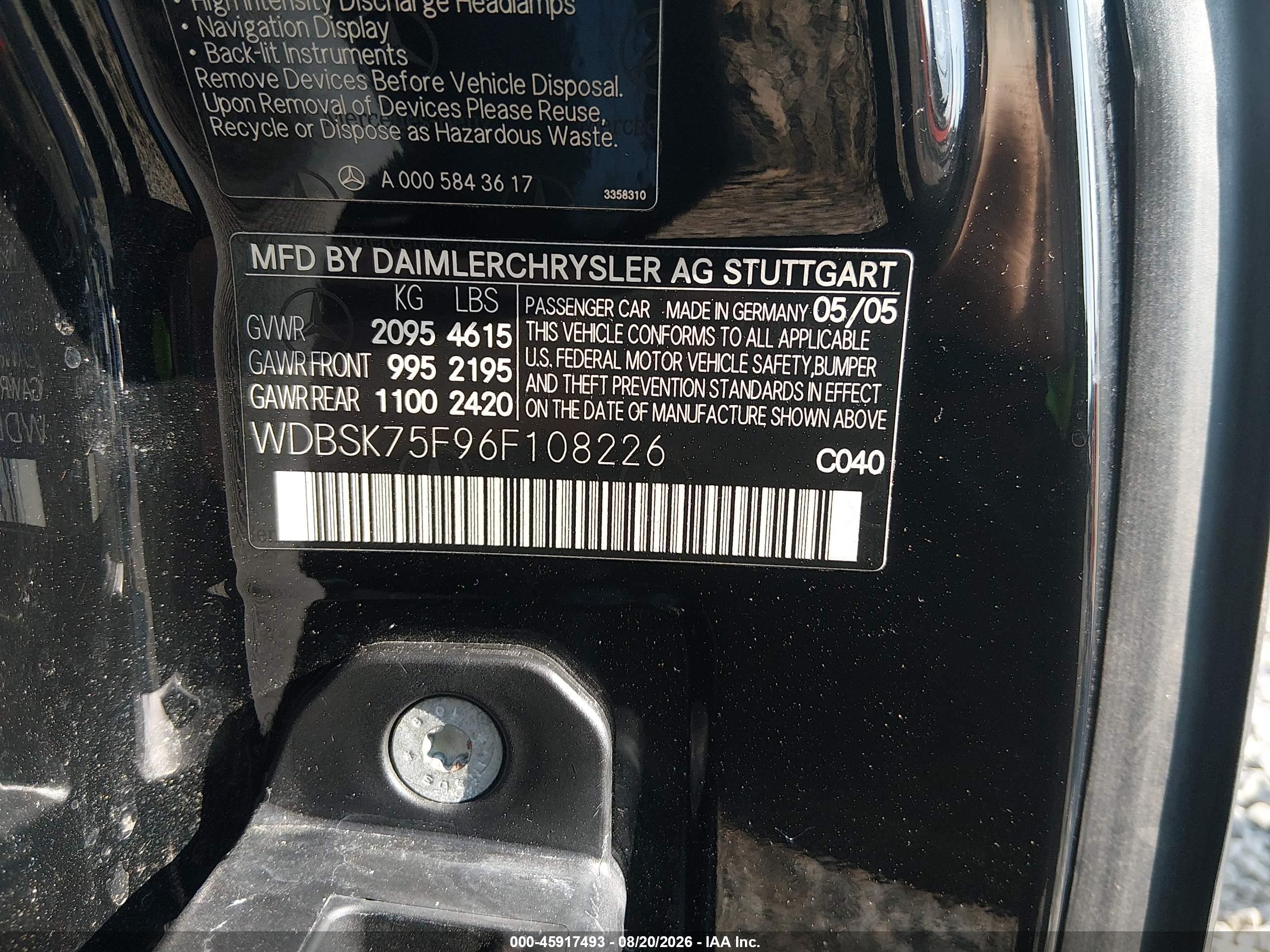 2006 Mercedes-benz Sl 500   Black vin: WDBSK75F96F108226