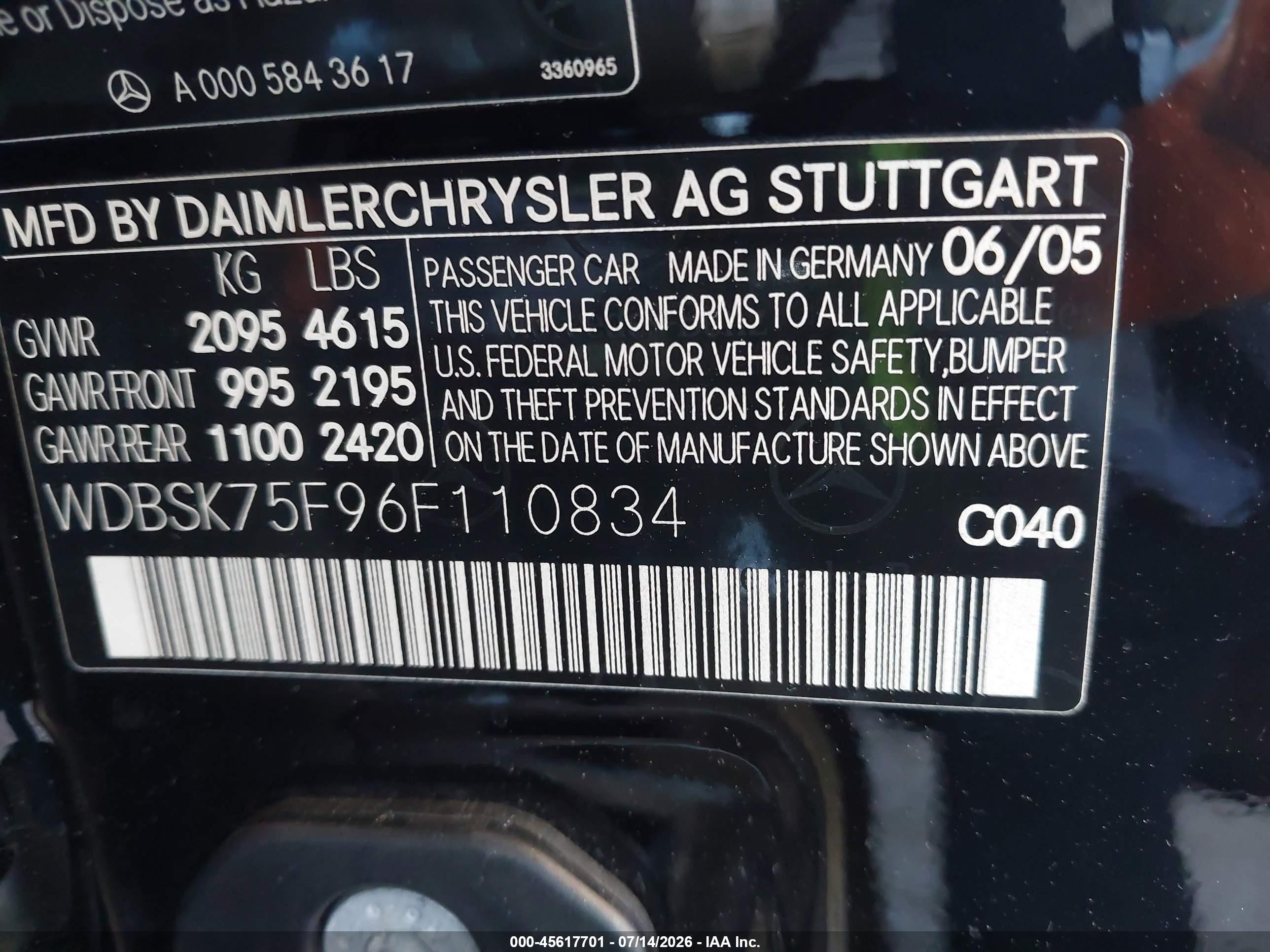 2006 Mercedes-benz Sl 500   Black vin: WDBSK75F96F110834