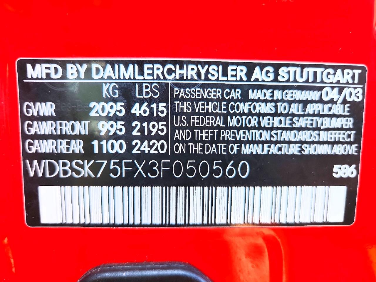 2003 Mercedes-benz Sl 500r Red vin: WDBSK75FX3F050560