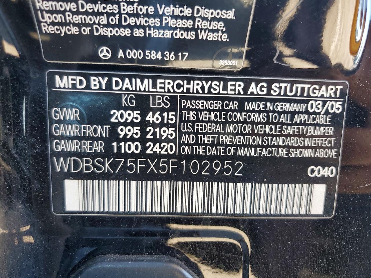 2005 Mercedes-benz Sl 500 Black vin: WDBSK75FX5F102952