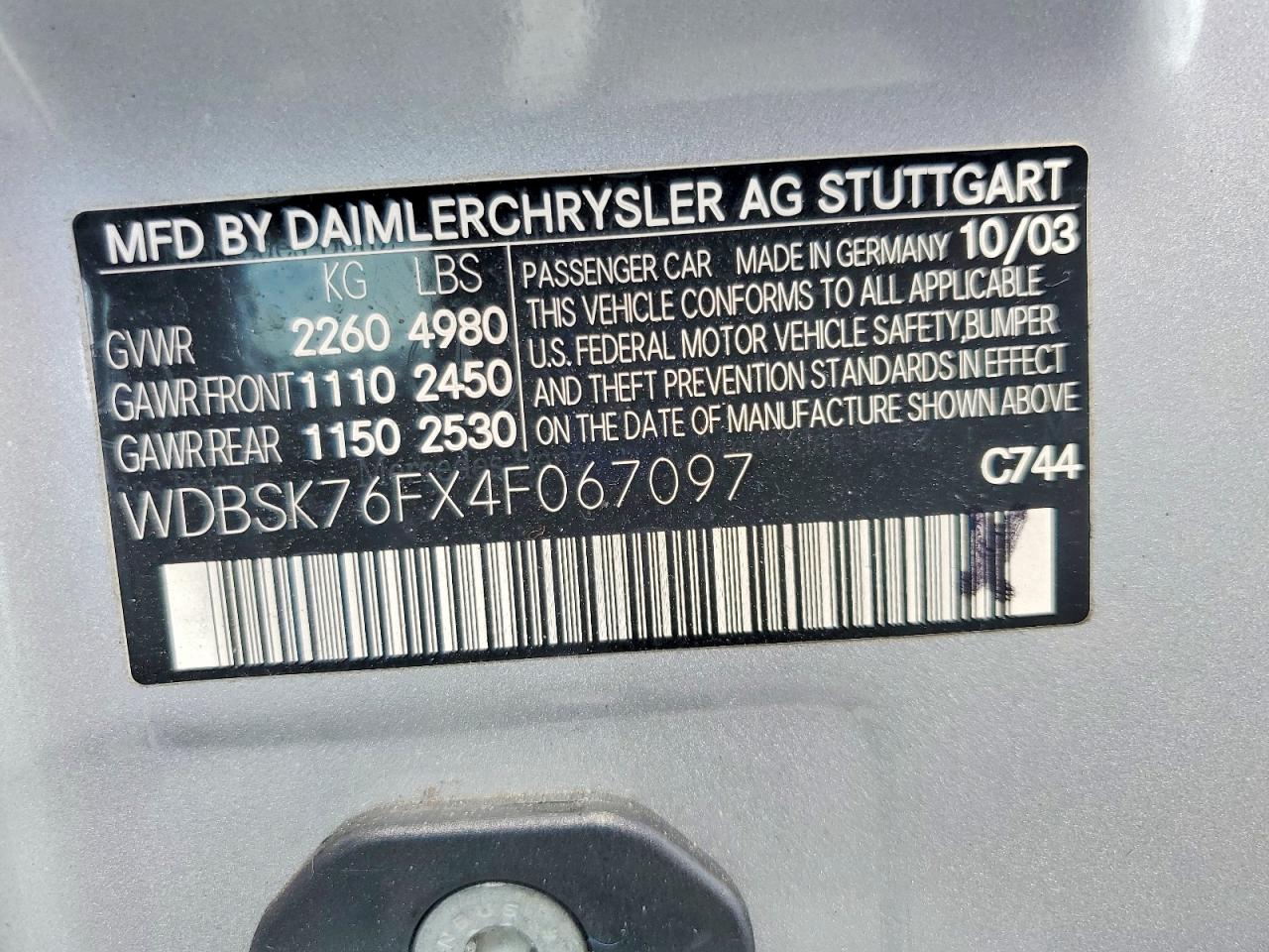 2004 Mercedes-benz Sl 600 Серебряный vin: WDBSK76FX4F067097