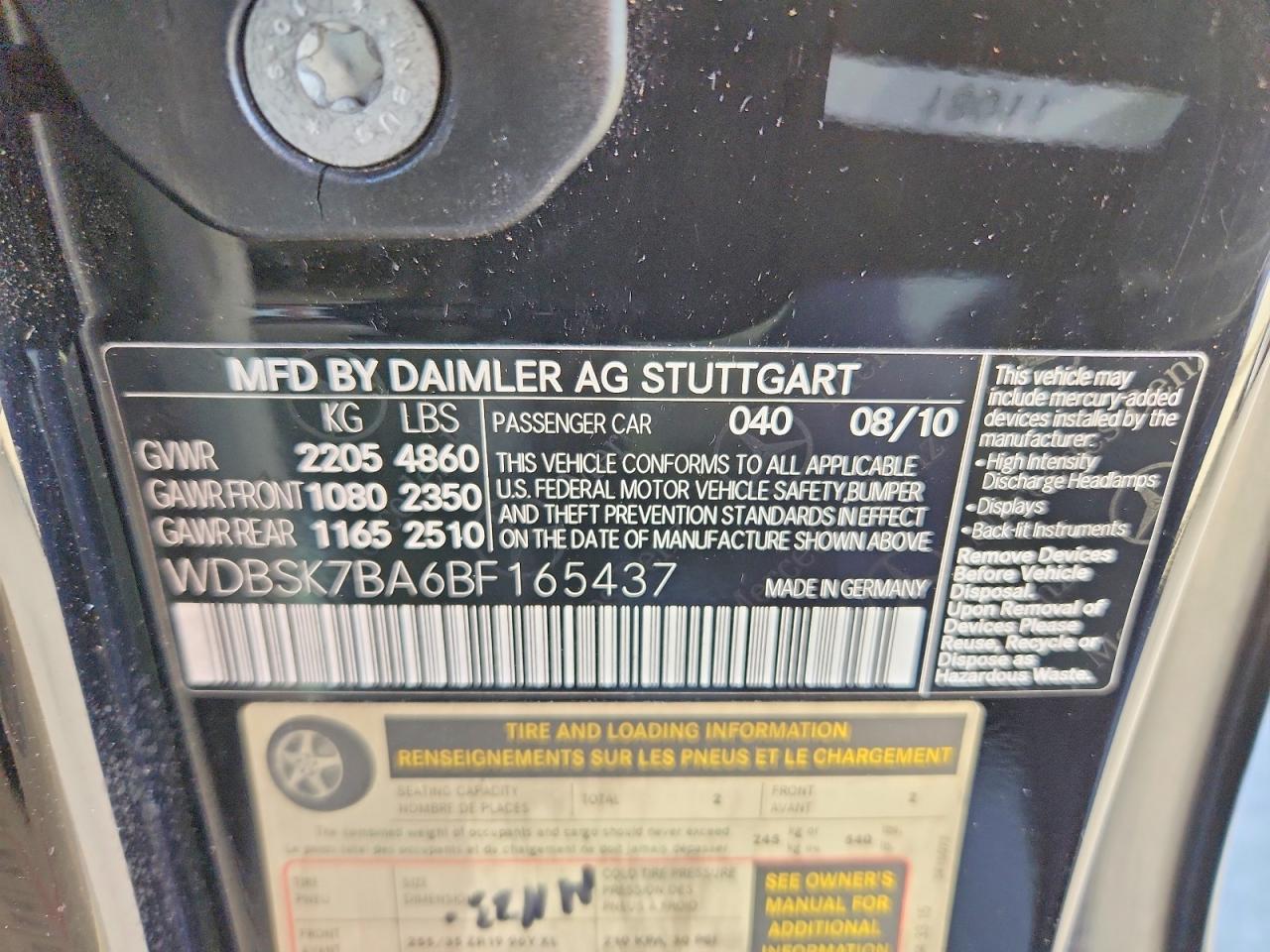 2011 Mercedes-benz Sl 550 Черный vin: WDBSK7BA6BF165437