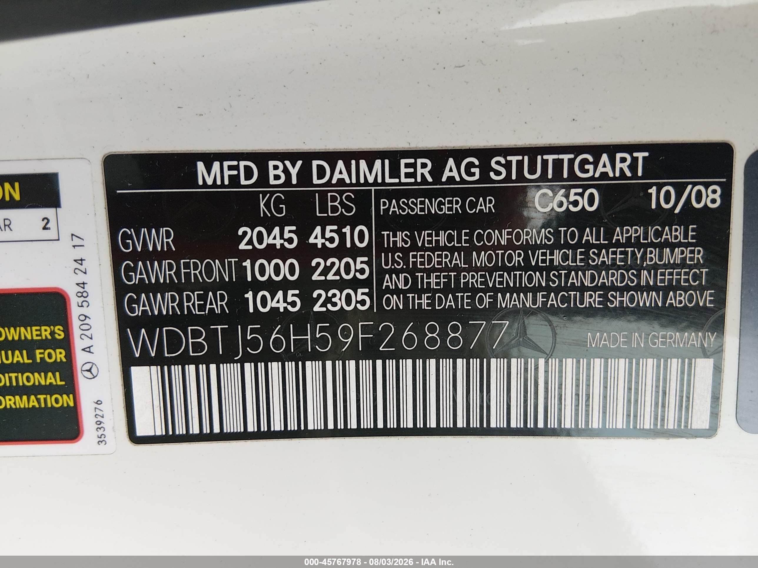 2009 Mercedes-benz Clk 350   Белый vin: WDBTJ56H59F268877