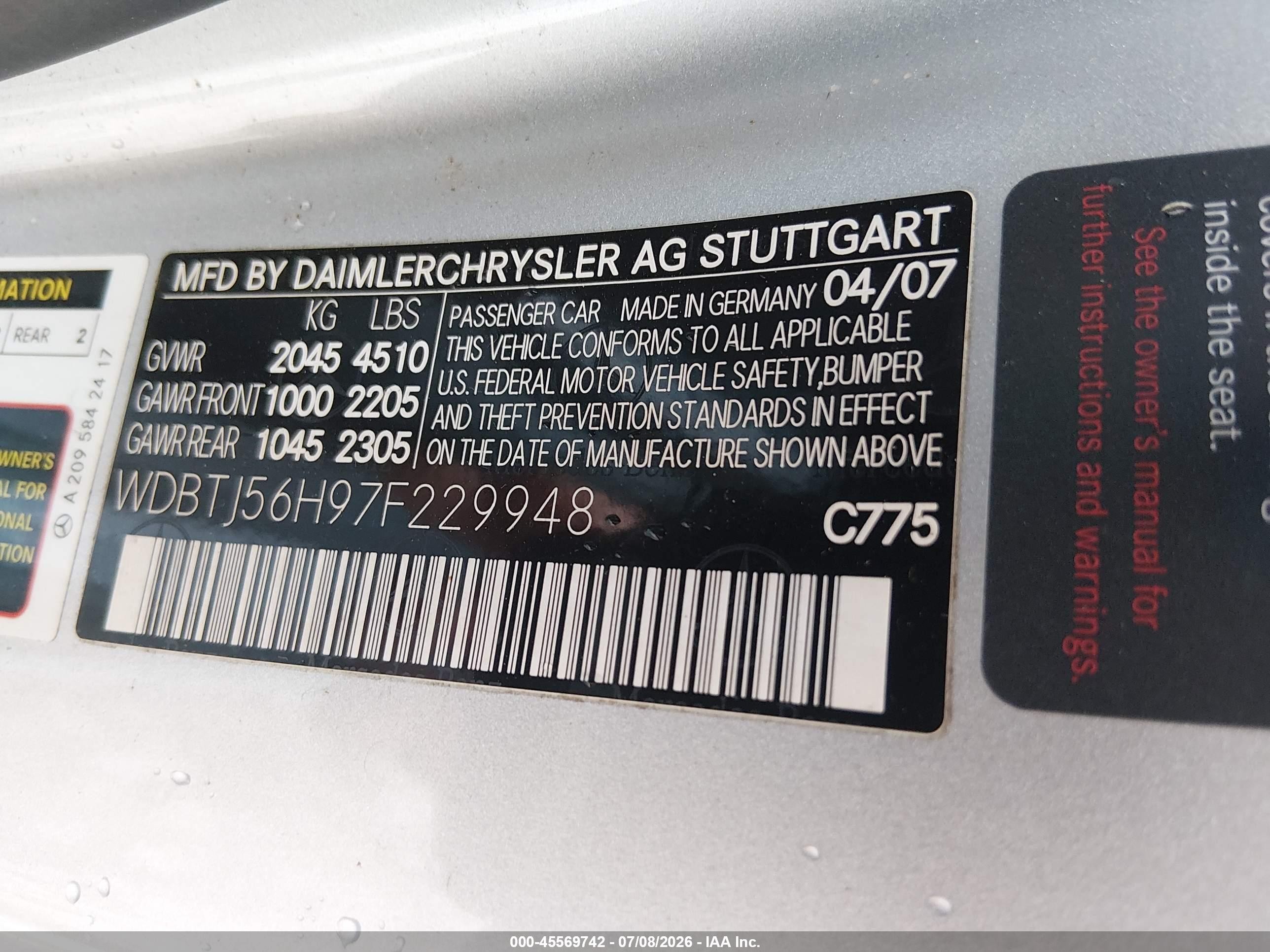 2007 Mercedes-benz Clk 350 Черный vin: WDBTJ56H97F229948