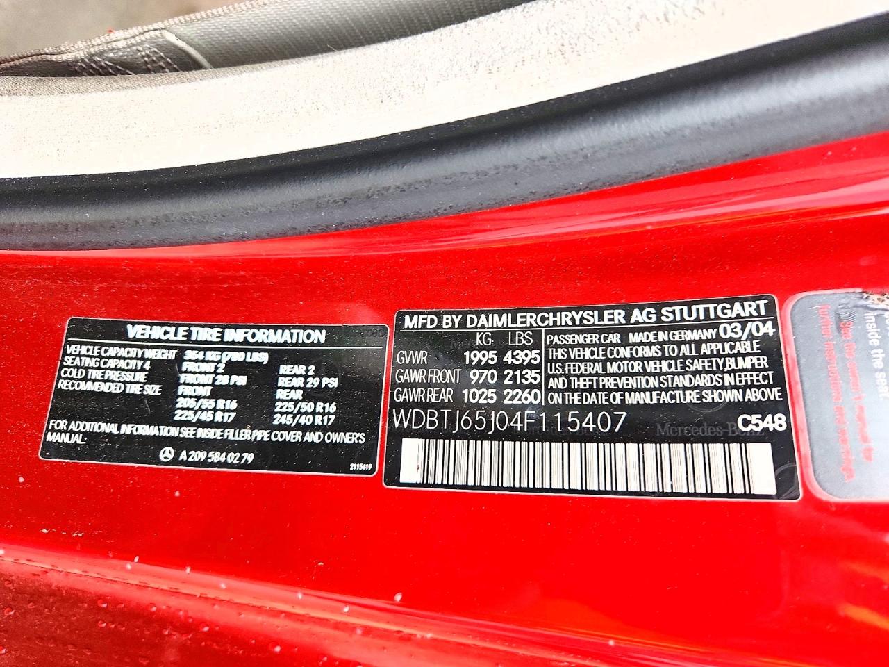 2004 Mercedes-benz Clk 320c Burgundy vin: WDBTJ65J04F115407
