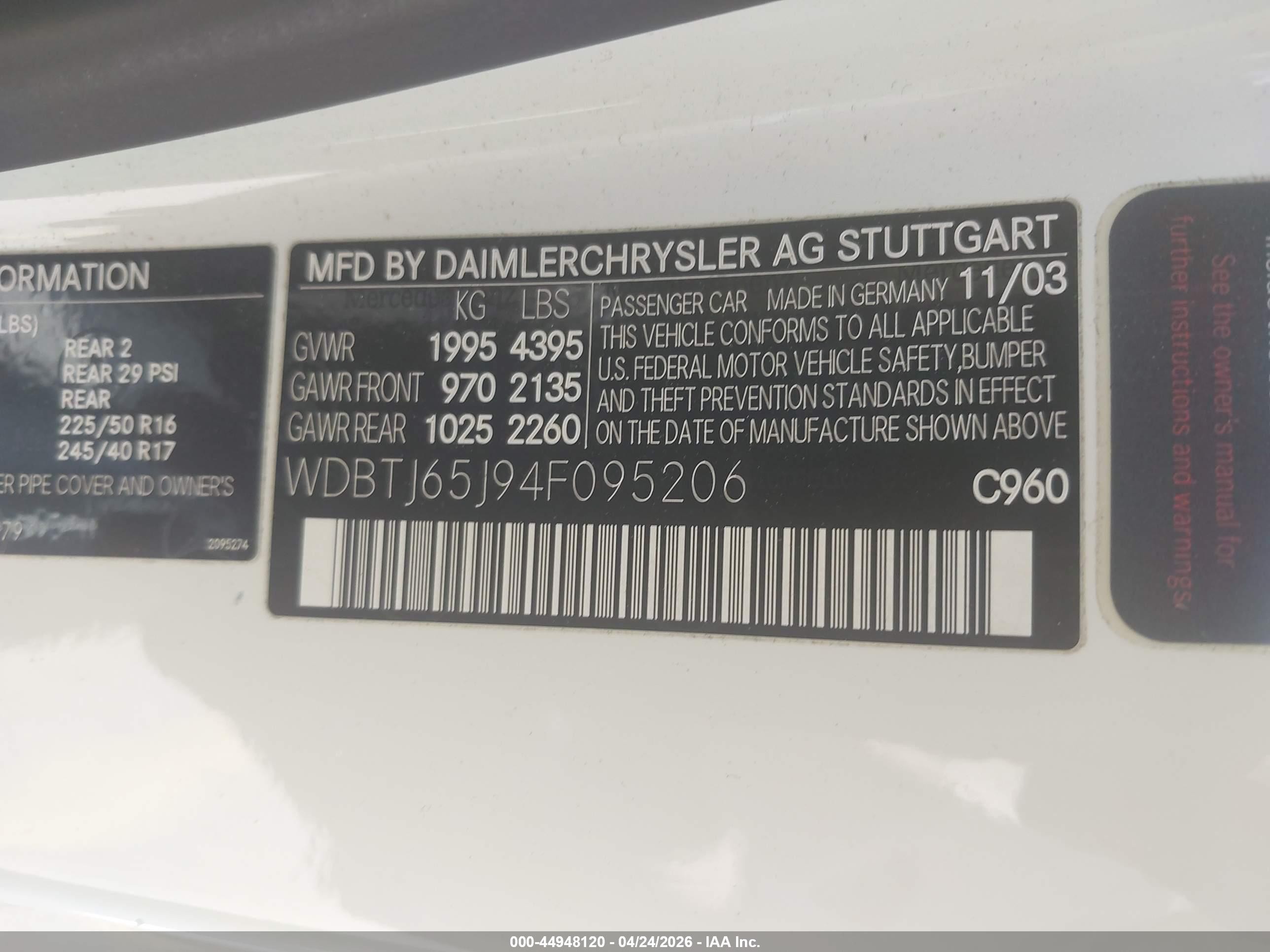 2004 Mercedes-benz Clk 320 Белый vin: WDBTJ65J94F095206