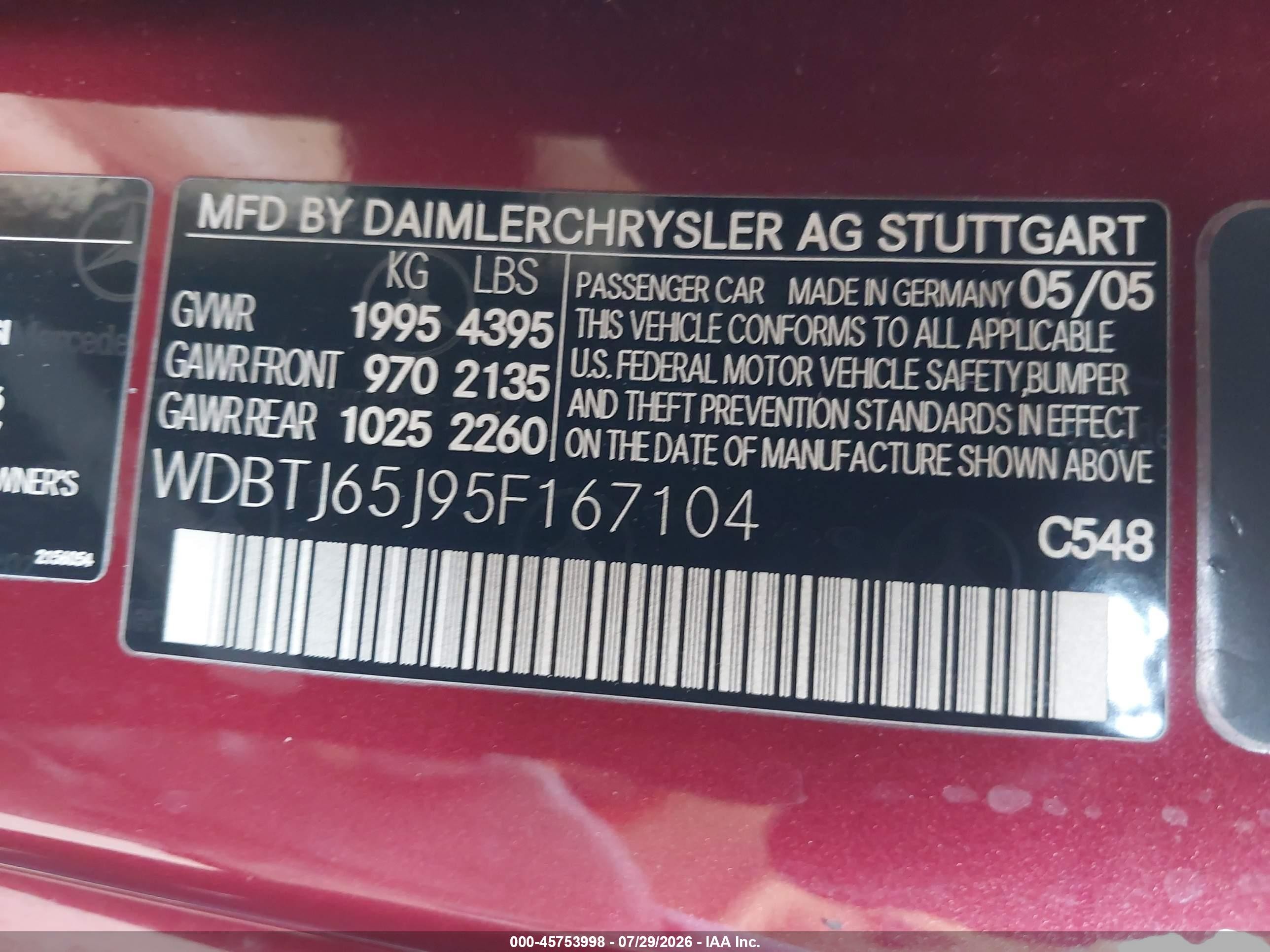 2005 Mercedes-benz Clk 320 Burgundy vin: WDBTJ65J95F167104