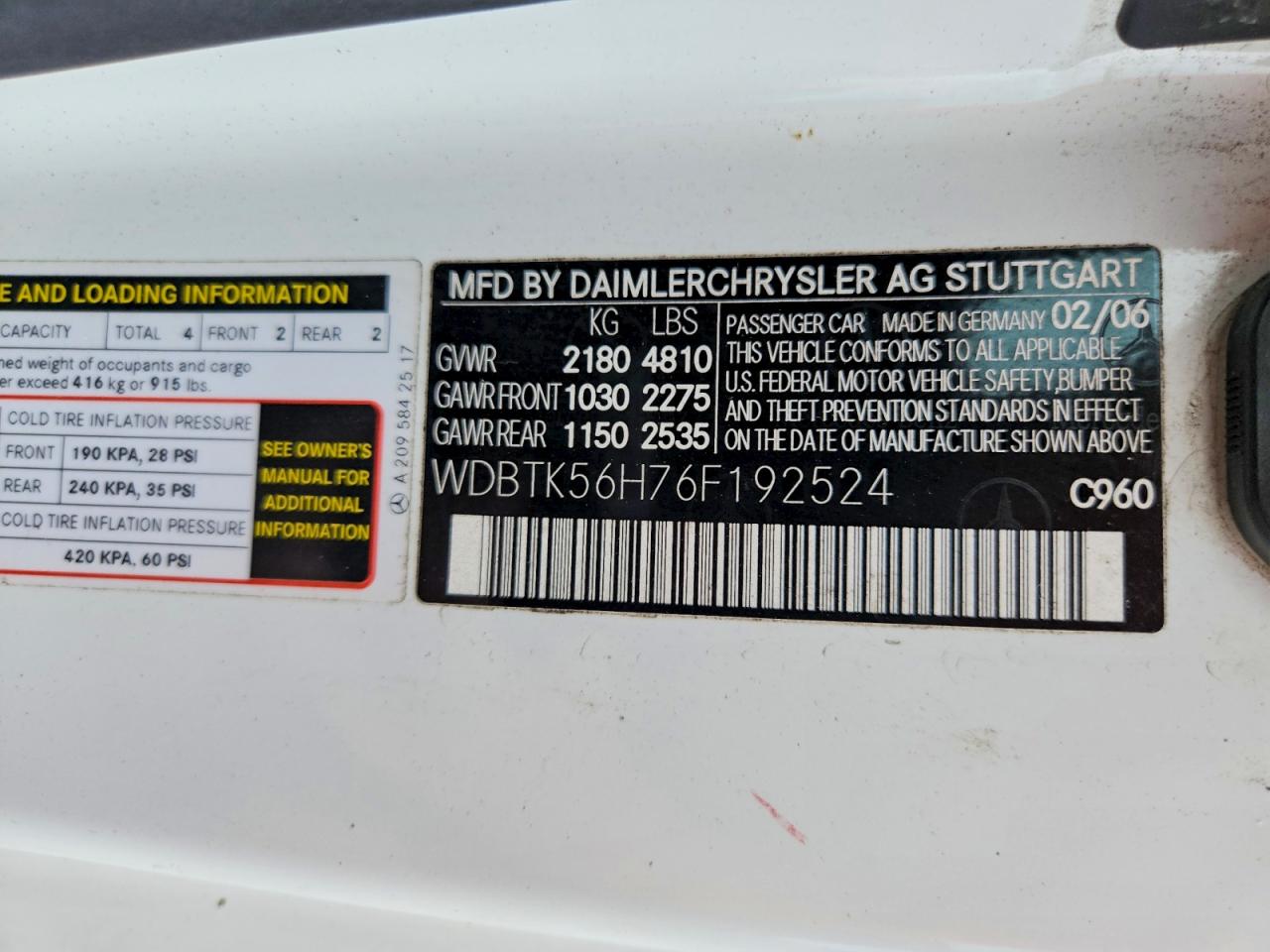 2006 Mercedes-benz Clk 350 Белый vin: WDBTK56H76F192524