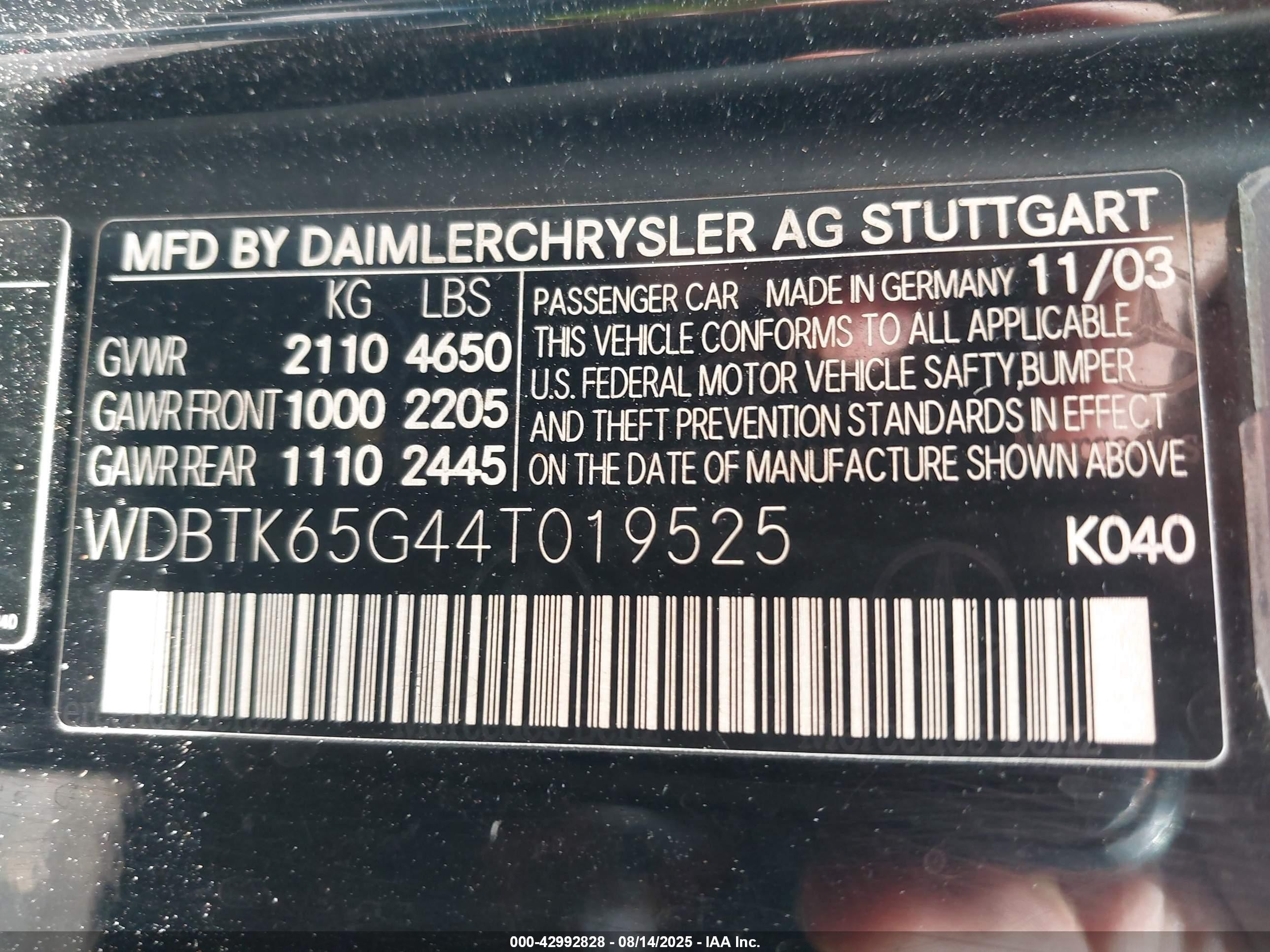 2004 Mercedes-benz Clk 320   Черный vin: WDBTK65G44T019525