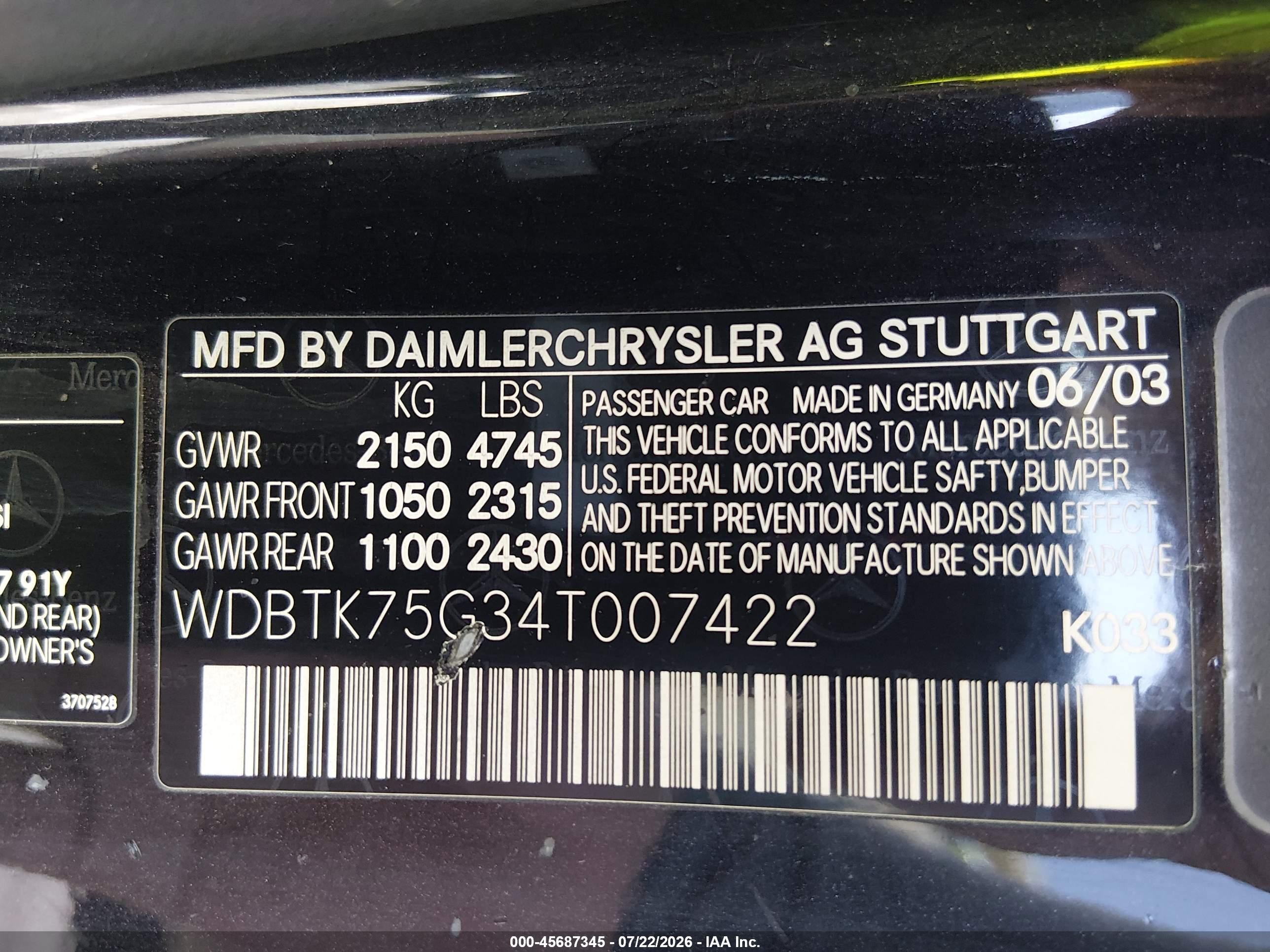 2004 Mercedes-benz Clk 500 Black vin: WDBTK75G34T007422