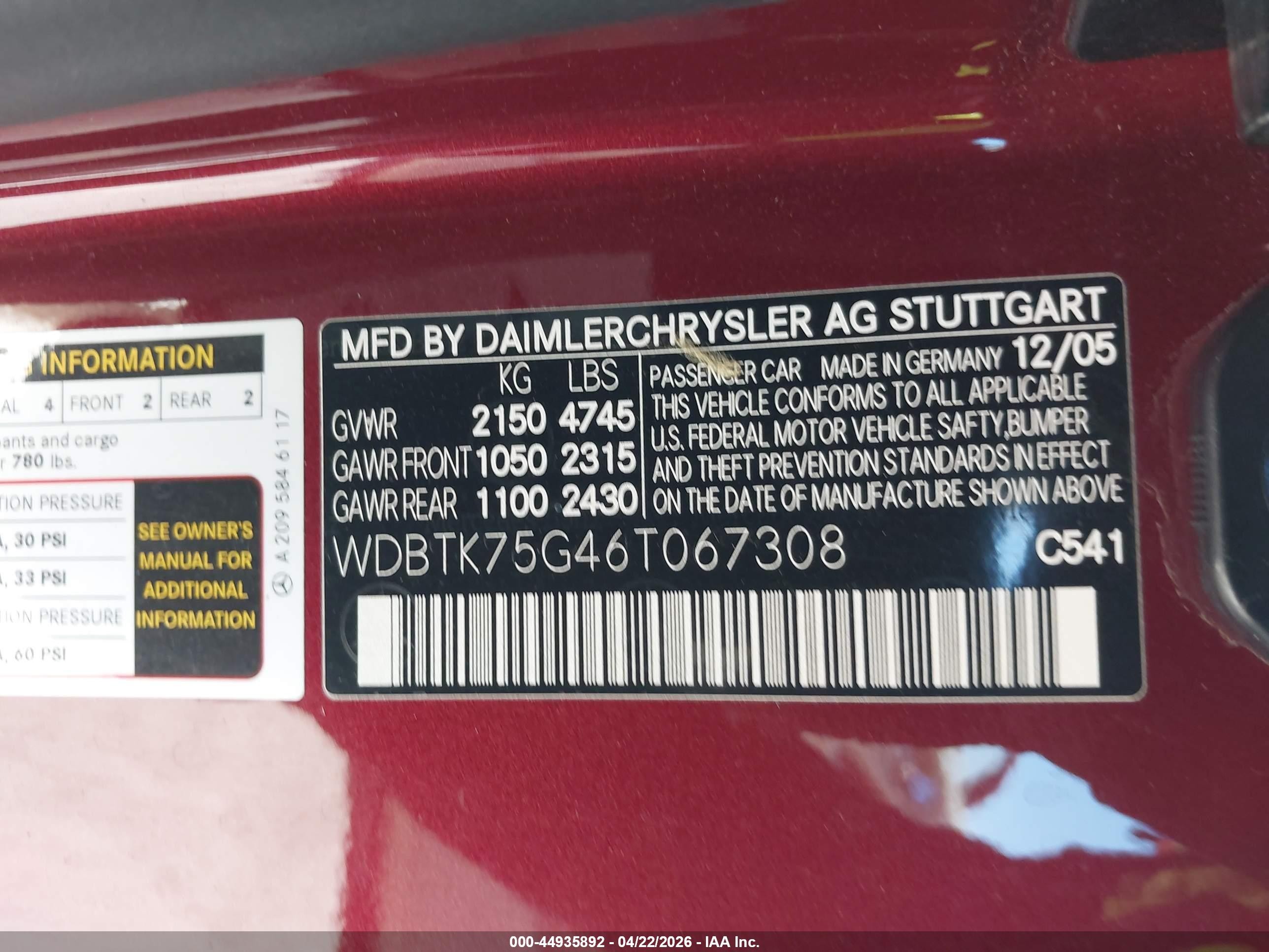 2006 Mercedes-benz Clk 500 Red vin: WDBTK75G46T067308
