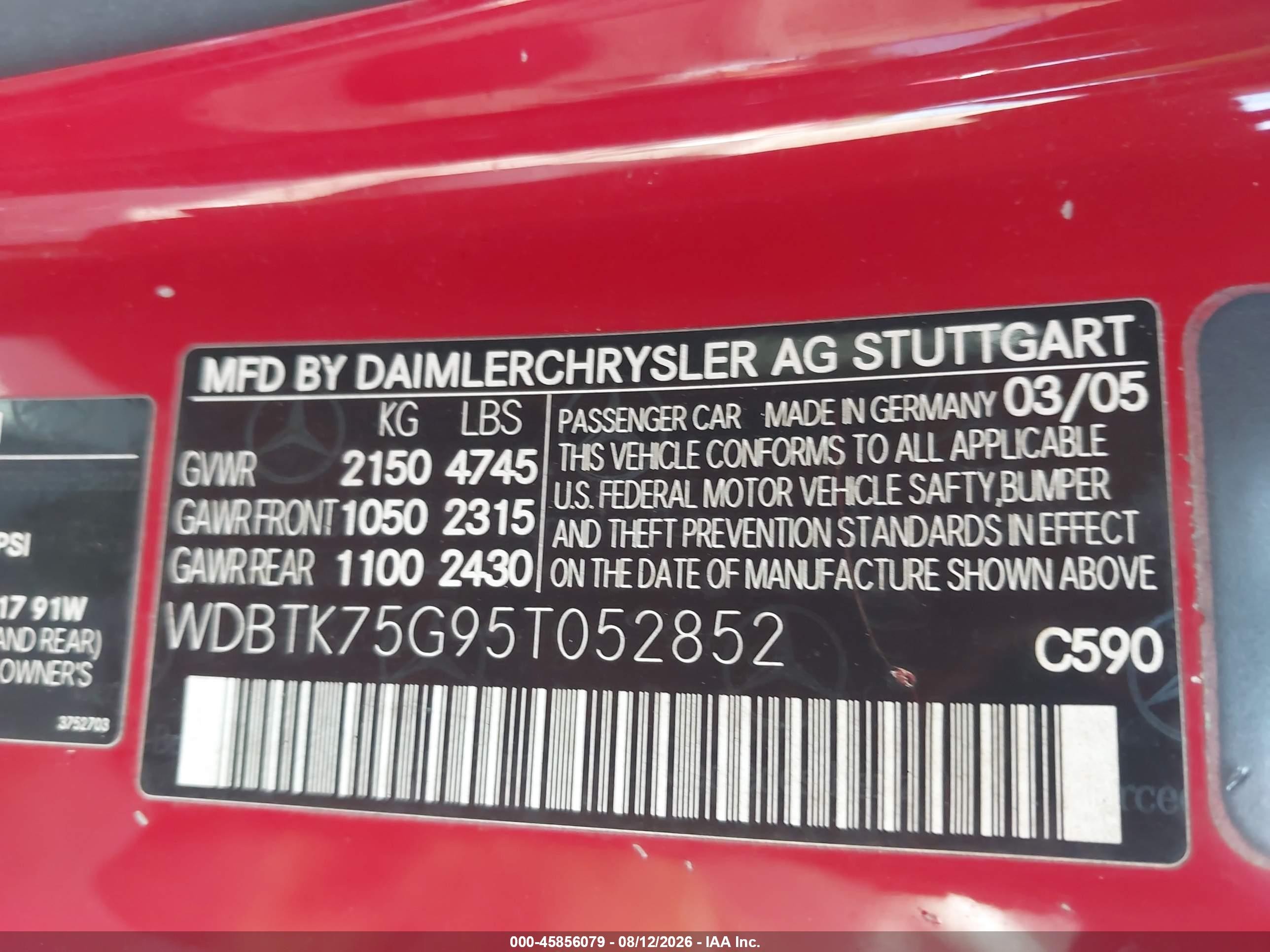 2005 Mercedes-benz Clk 500   Red vin: WDBTK75G95T052852