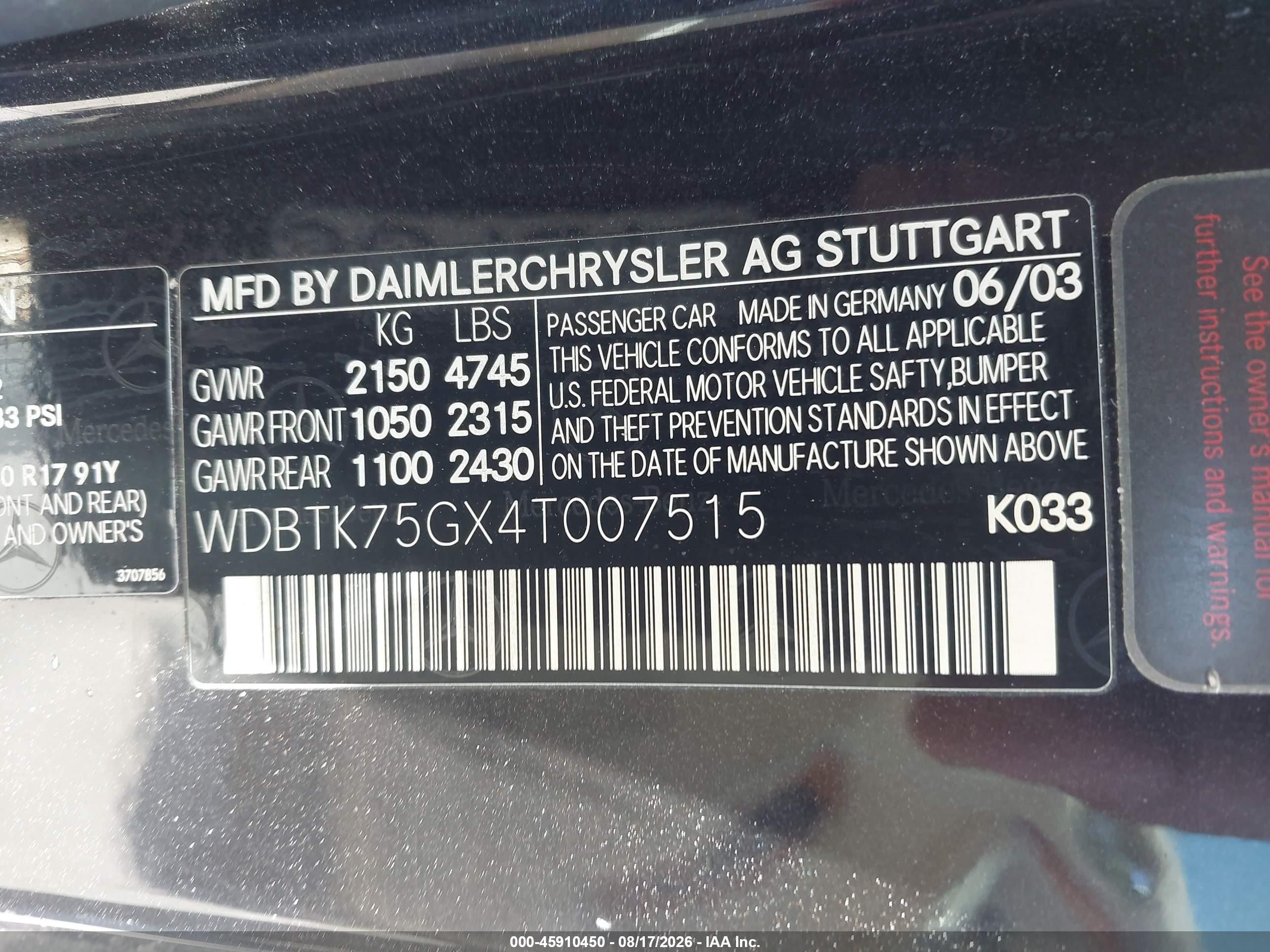 2004 Mercedes-benz Clk 500   Black vin: WDBTK75GX4T007515