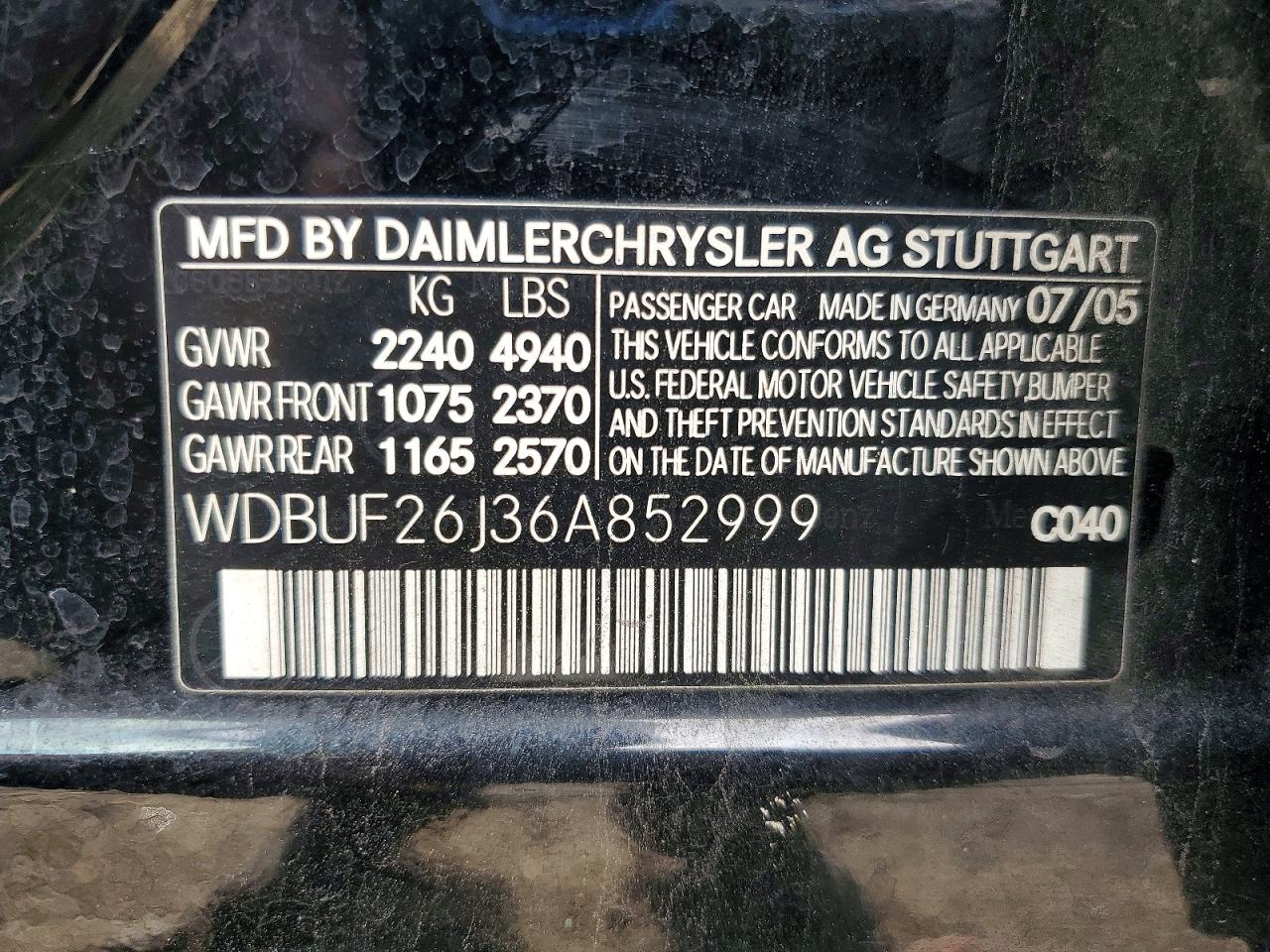 2006 Mercedes-benz E 320 Cdi Black vin: WDBUF26J36A852999