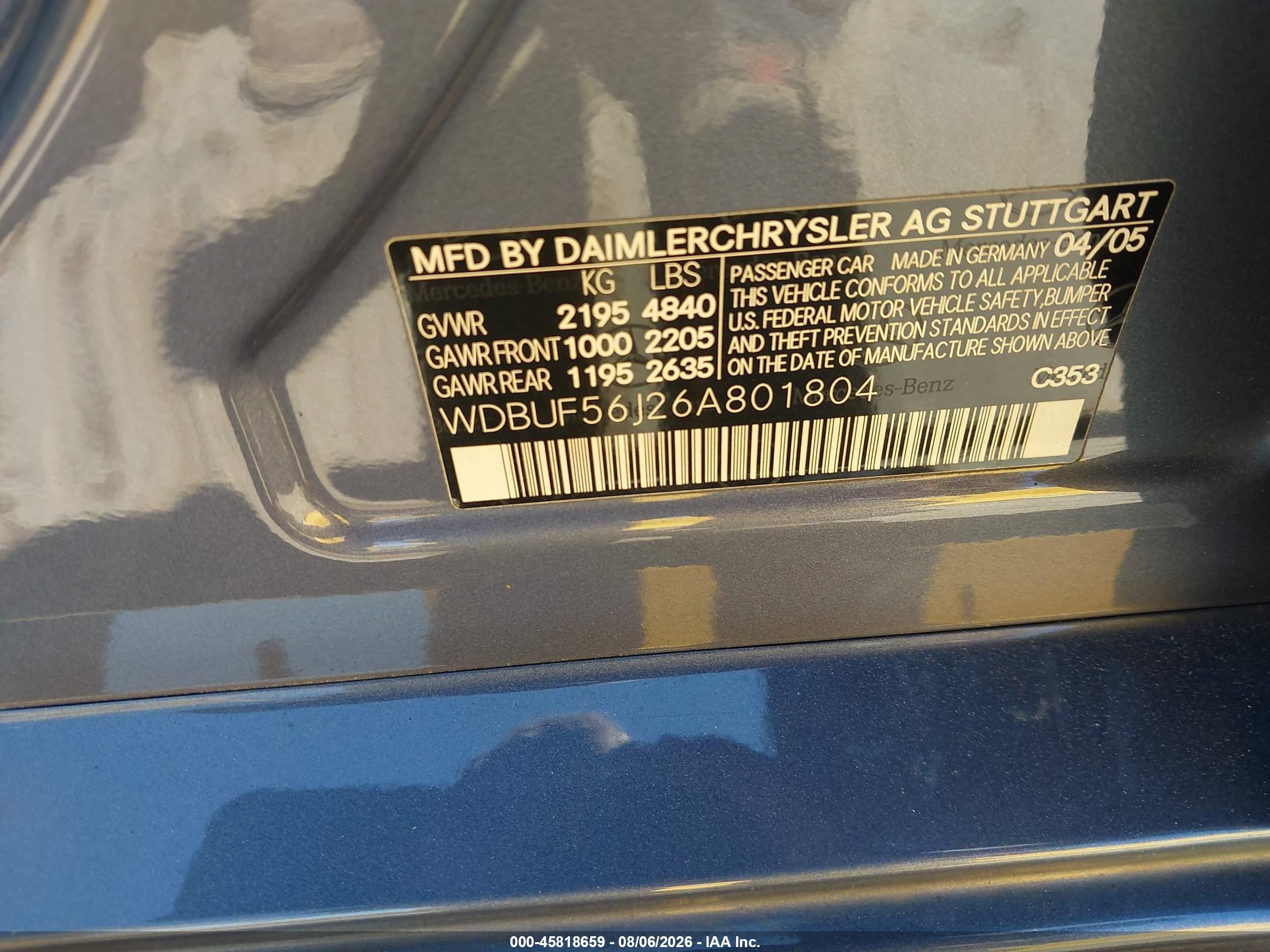 2006 Mercedes-benz E 350 Blue vin: WDBUF56J26A801804