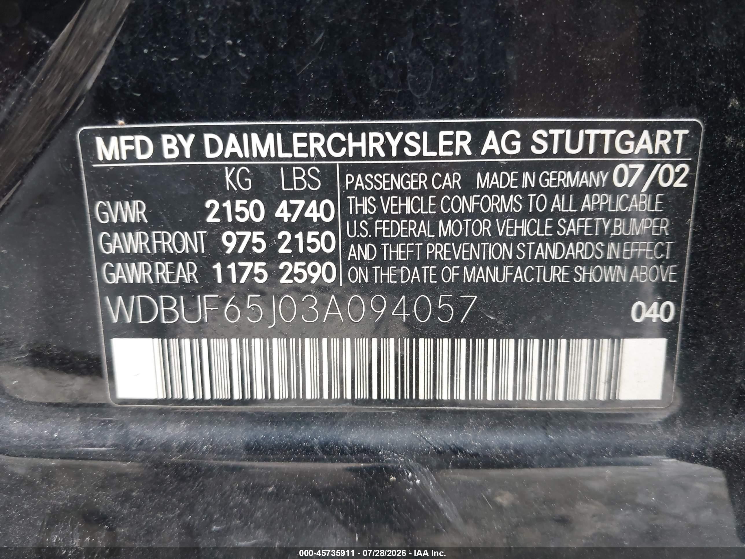 2003 Mercedes-benz E 320   Black vin: WDBUF65J03A094057