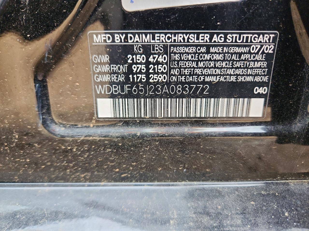 2003 Mercedes-benz E 320 Черный vin: WDBUF65J23A083772