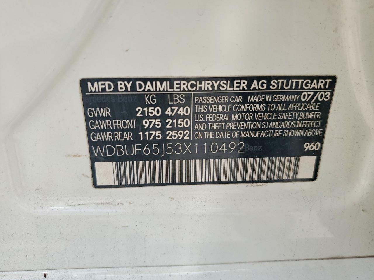 2003 Mercedes-benz E 320 White vin: WDBUF65J53X110492