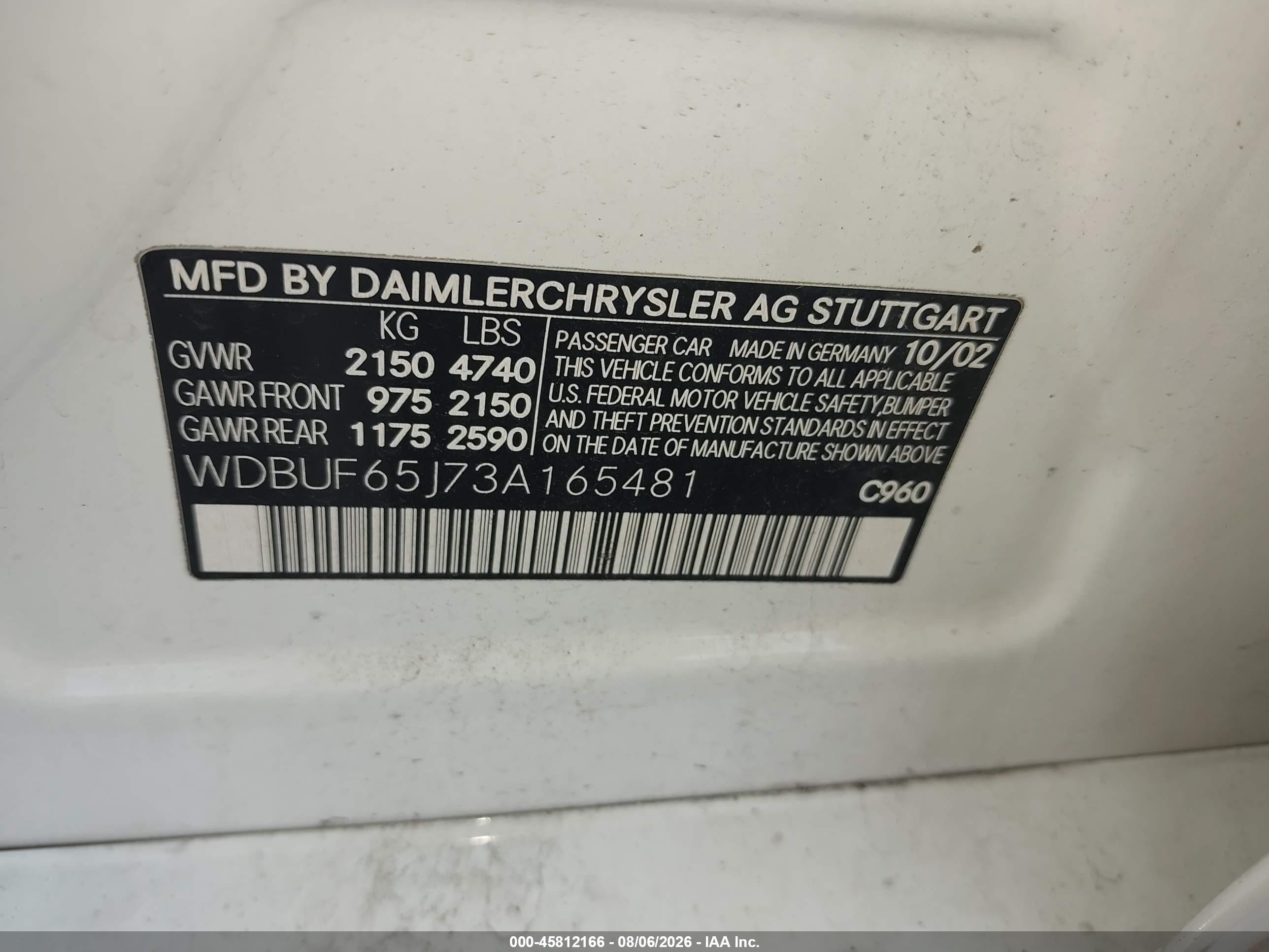 2003 Mercedes-benz E 320   White vin: WDBUF65J73A165481