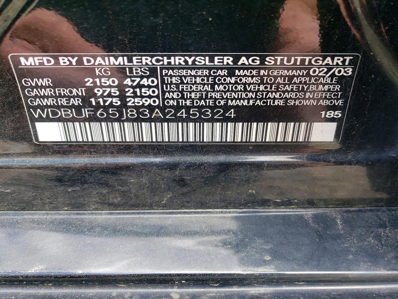 2003 Mercedes-benz E 320 Black vin: WDBUF65J83A245324