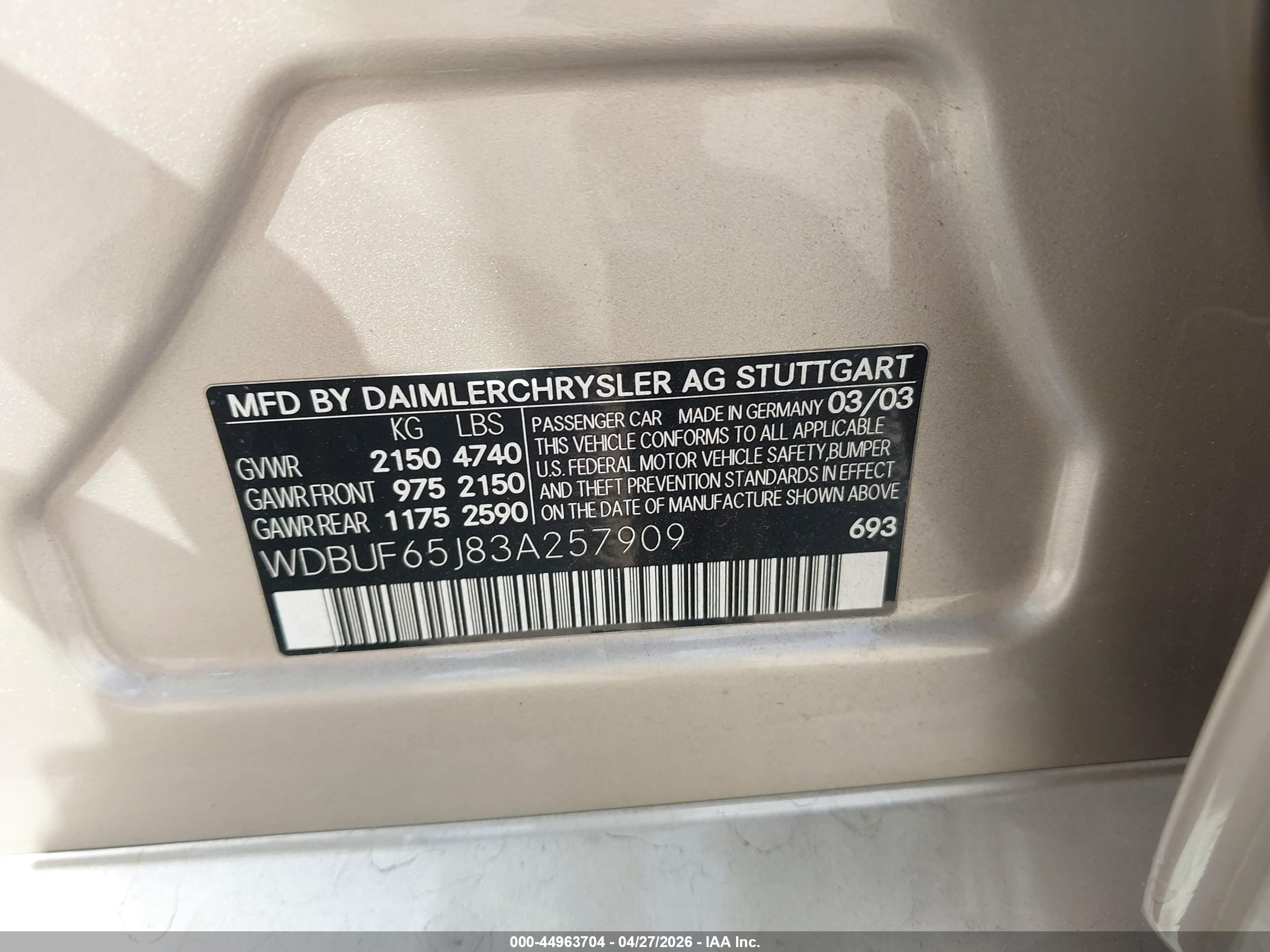 2003 Mercedes-benz E 320   Champagne vin: WDBUF65J83A257909