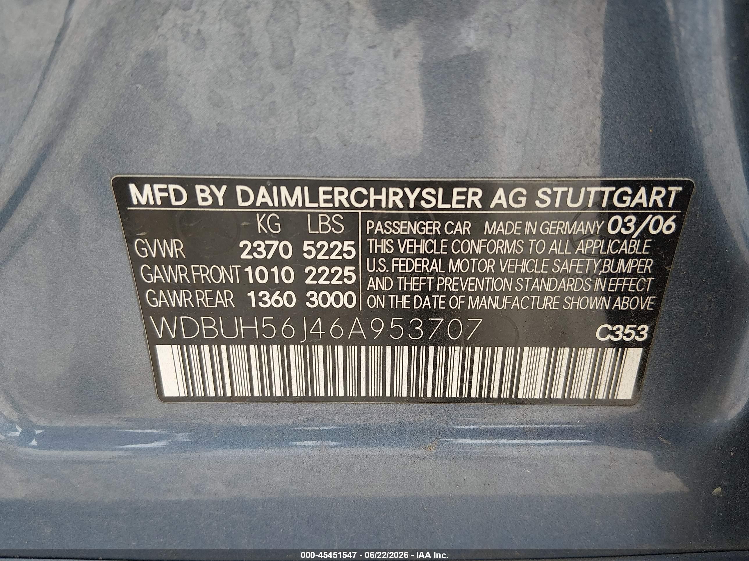 2006 Mercedes-benz E 350   Blue vin: WDBUH56J46A953707