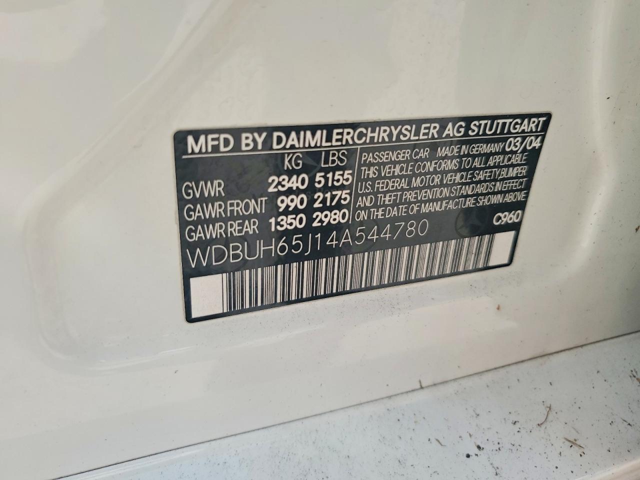 2004 Mercedes-benz E 320 White vin: WDBUH65J14A544780