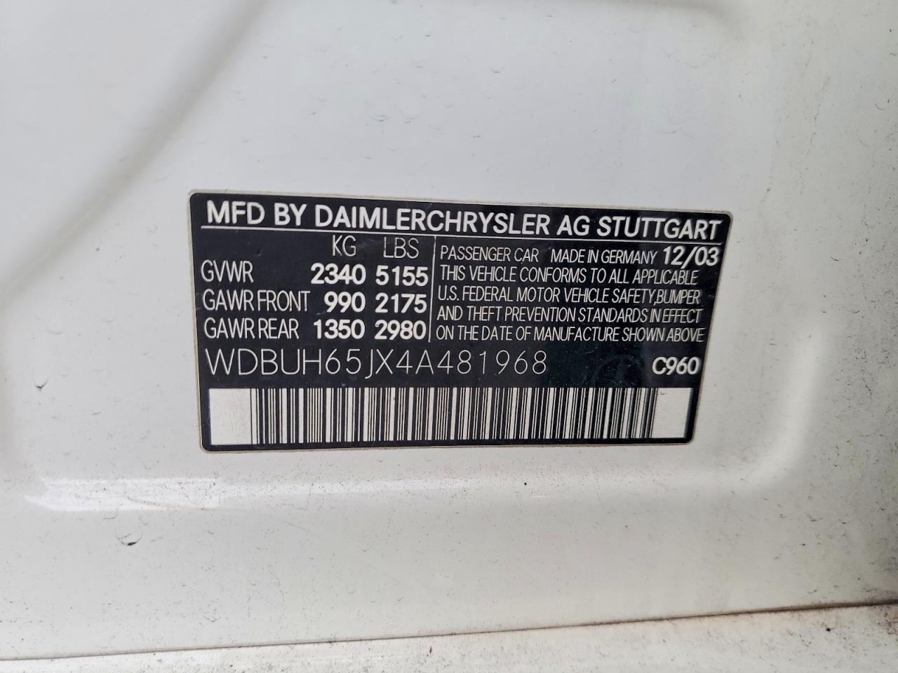 2004 Mercedes-benz E 320 White vin: WDBUH65JX4A481968