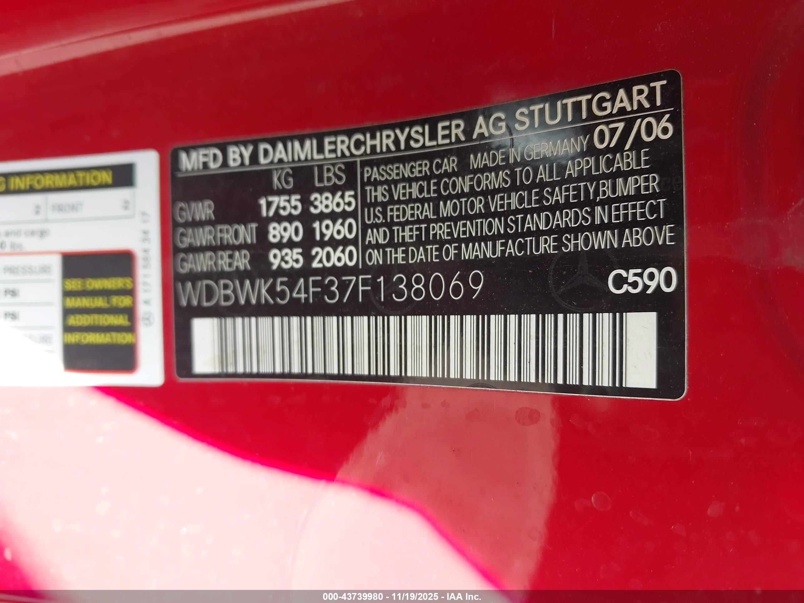 2007 Mercedes-benz Slk 280   Red vin: WDBWK54F37F138069