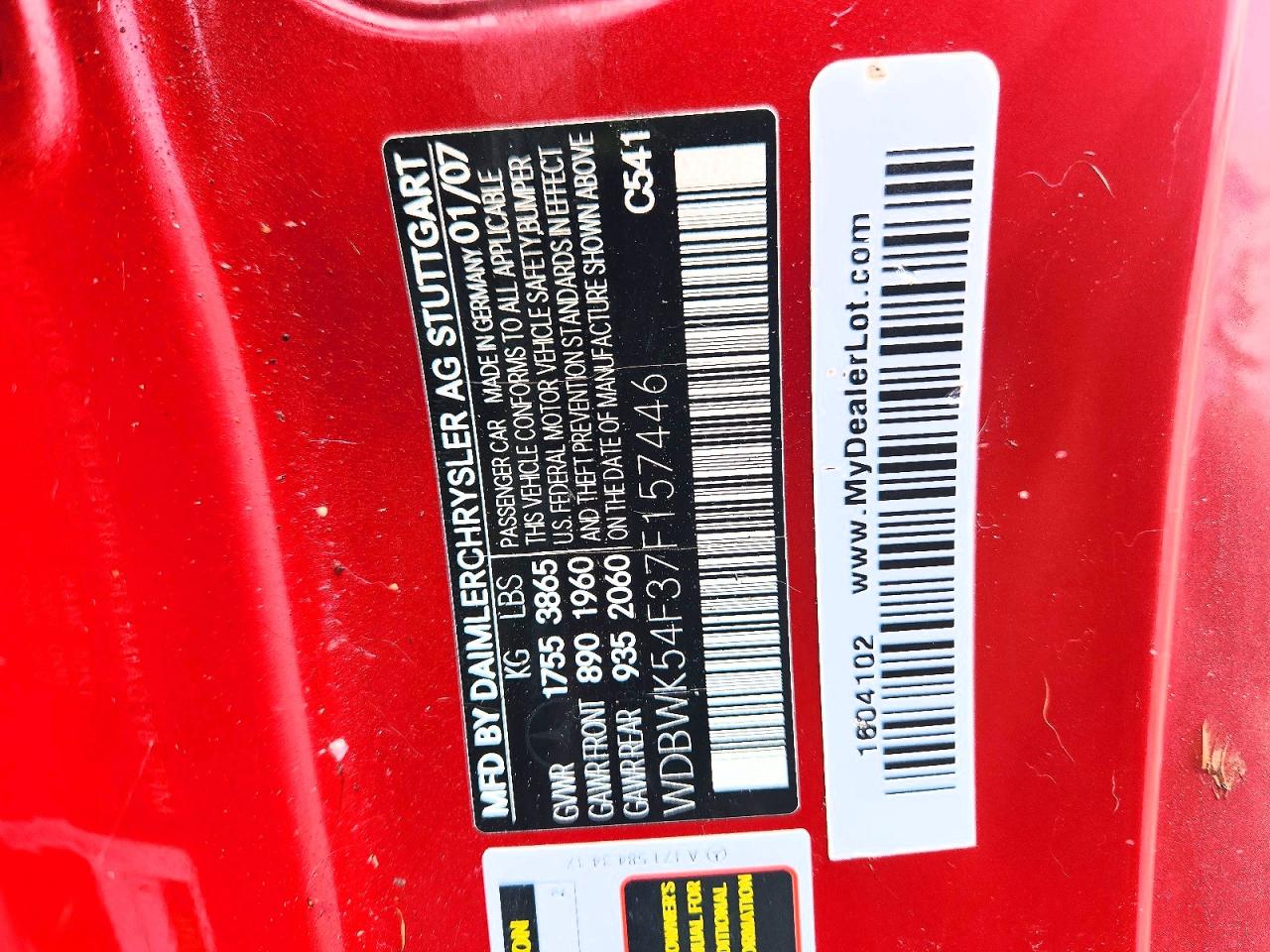 2007 Mercedes-benz Slk 280 Red vin: WDBWK54F37F157446