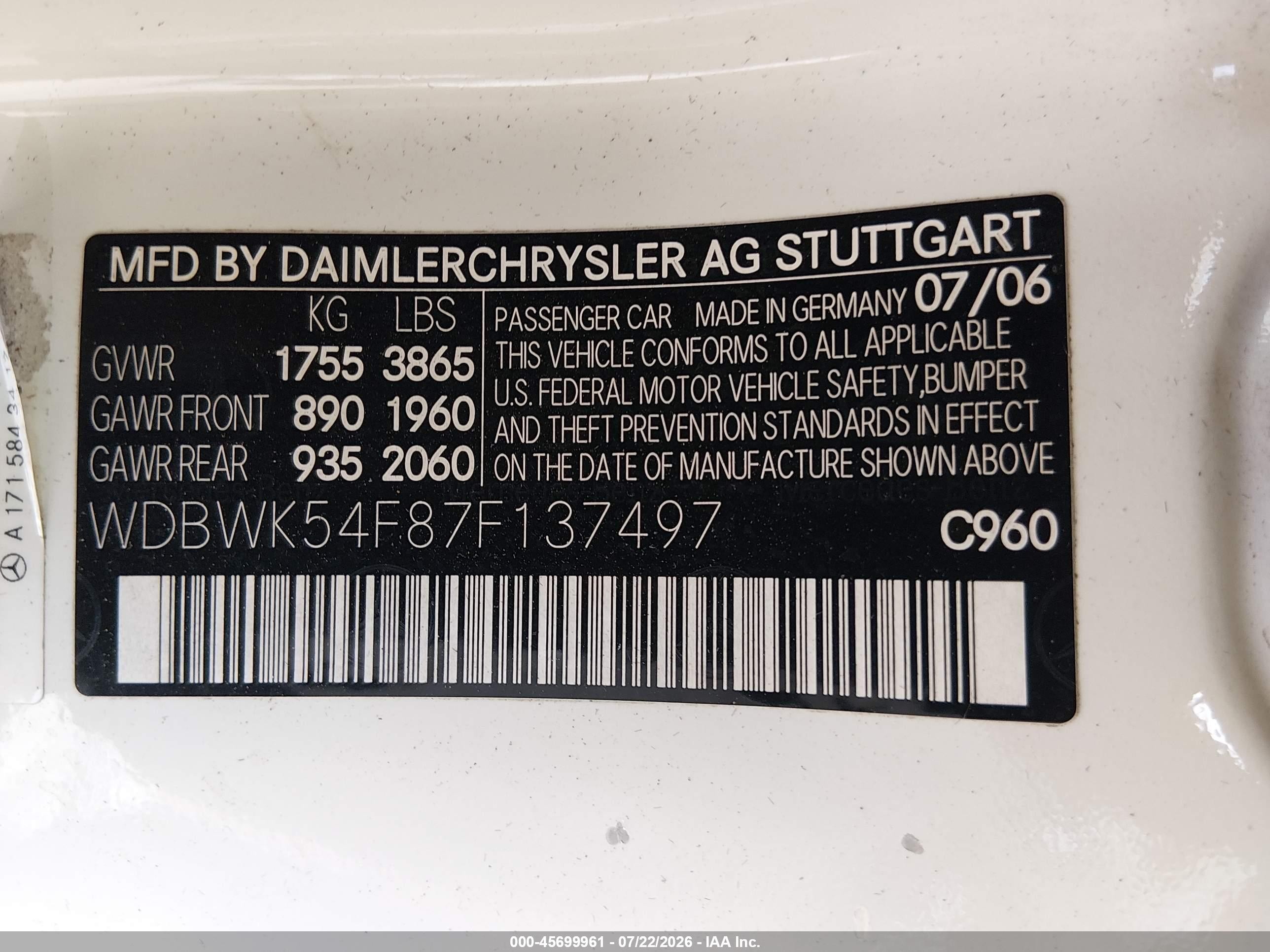 2007 Mercedes-benz Slk 280   White vin: WDBWK54F87F137497