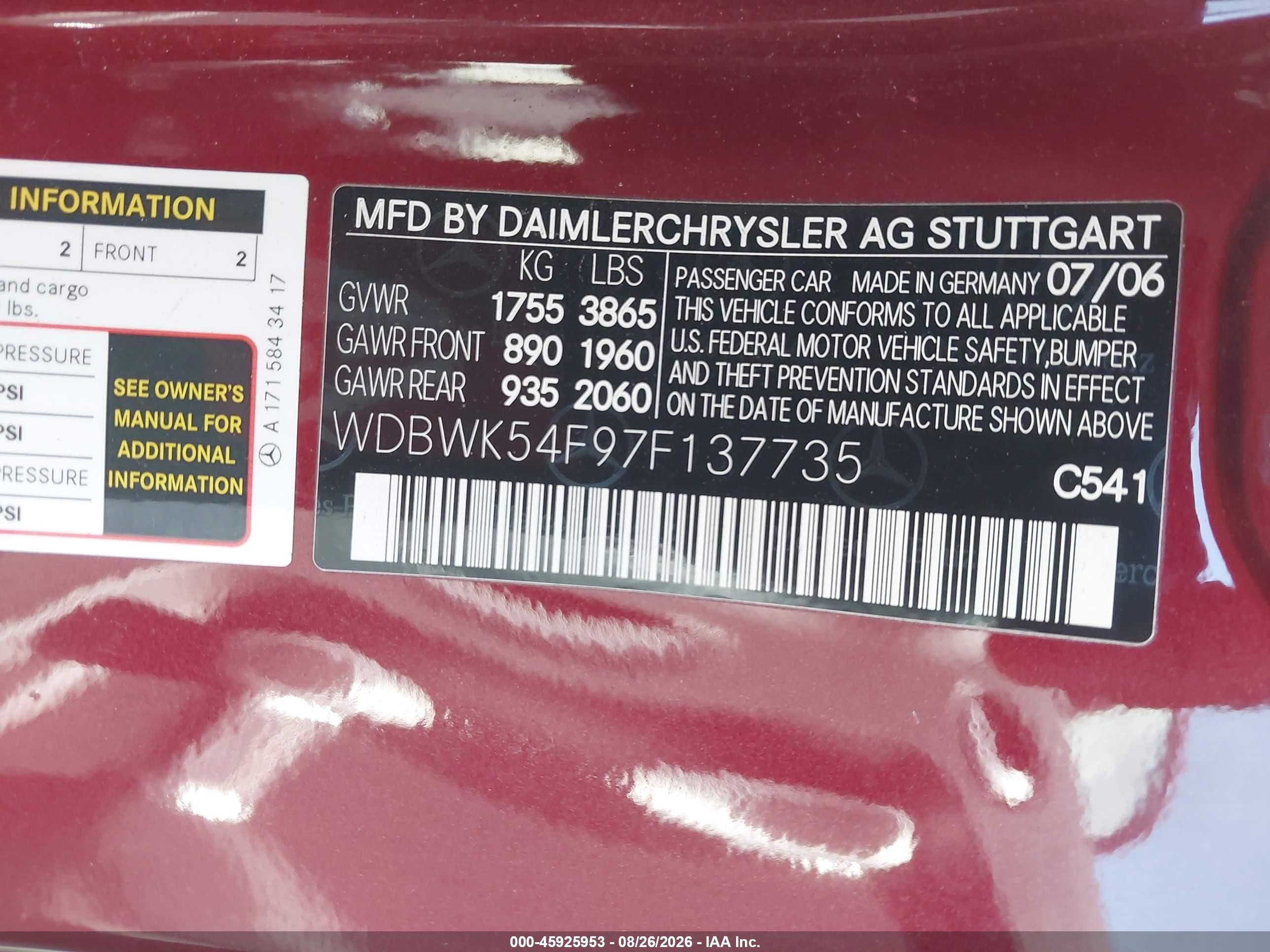 2007 Mercedes-benz Slk 280 Red vin: WDBWK54F97F137735
