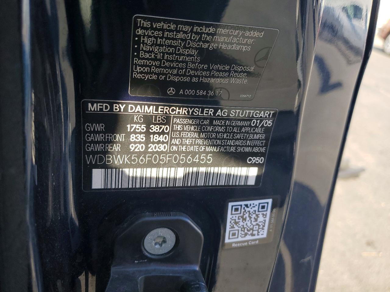 2005 Mercedes-benz Slk 350 Black vin: WDBWK56F05F056455