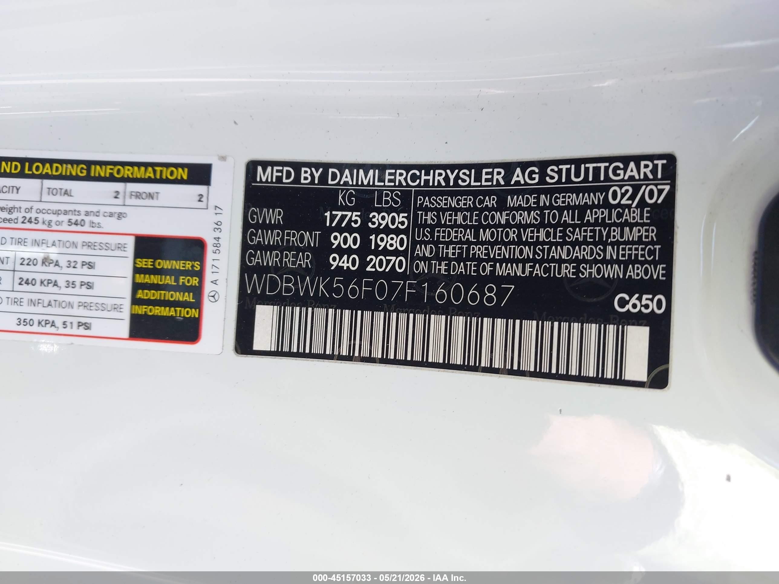 2007 Mercedes-benz Slk 350   White vin: WDBWK56F07F160687