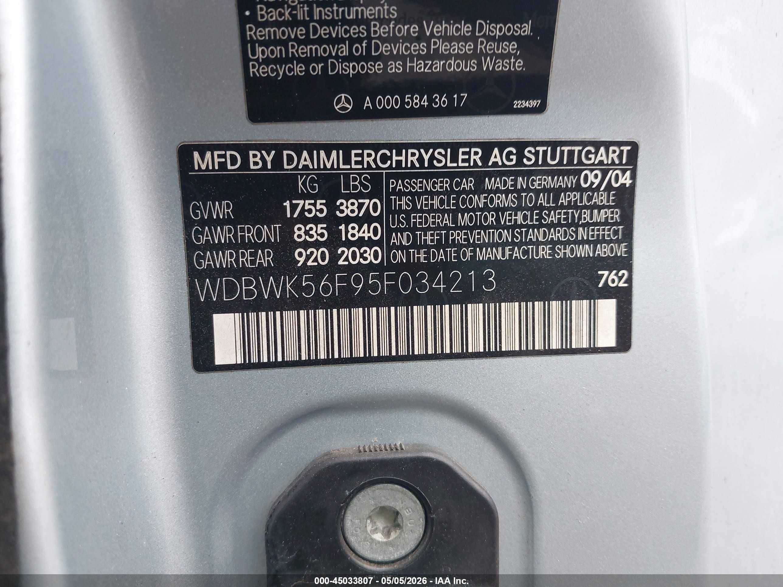 2005 Mercedes-benz Slk 350   Light Blue vin: WDBWK56F95F034213