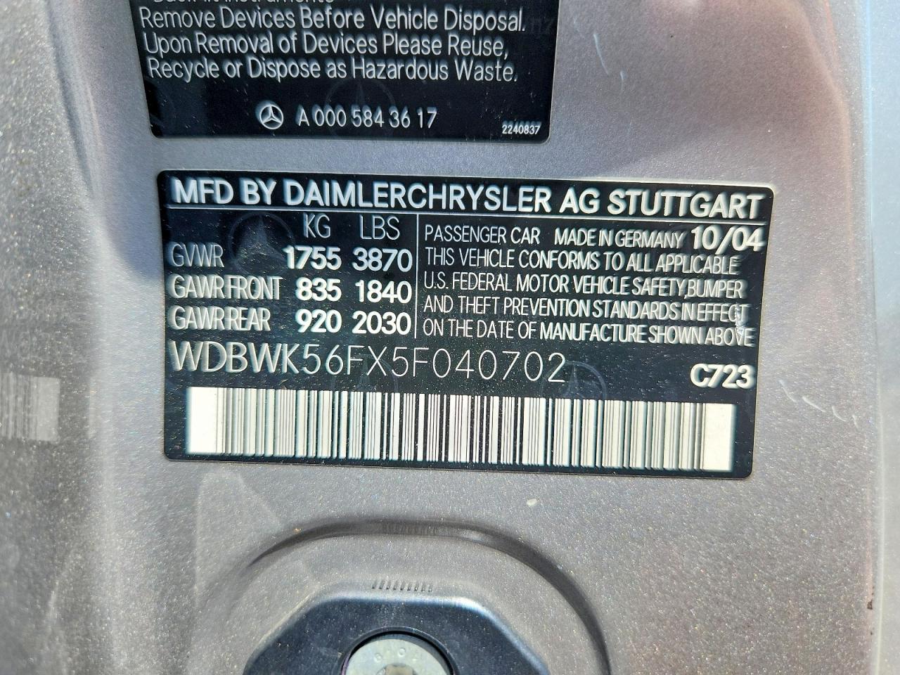 2005 Mercedes-benz Slk 350 Серебряный vin: WDBWK56FX5F040702