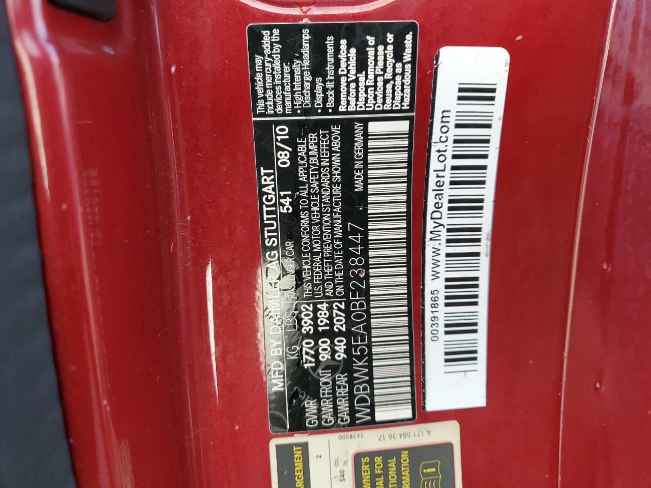 2011 Mercedes-benz Slk 300 Red vin: WDBWK5EA0BF238447