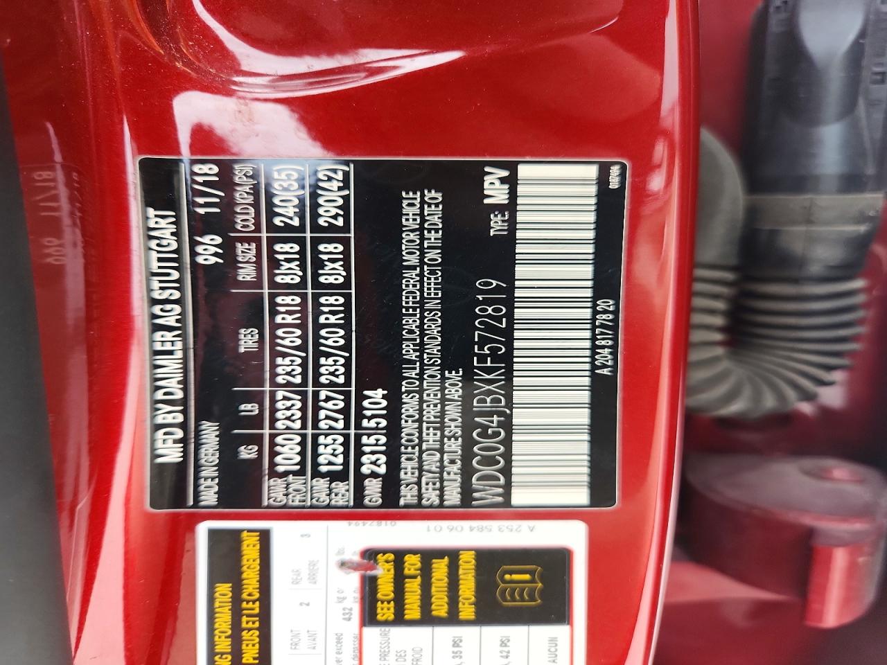 2019 Mercedes-benz Glc 300 Red vin: WDC0G4JBXKF572819